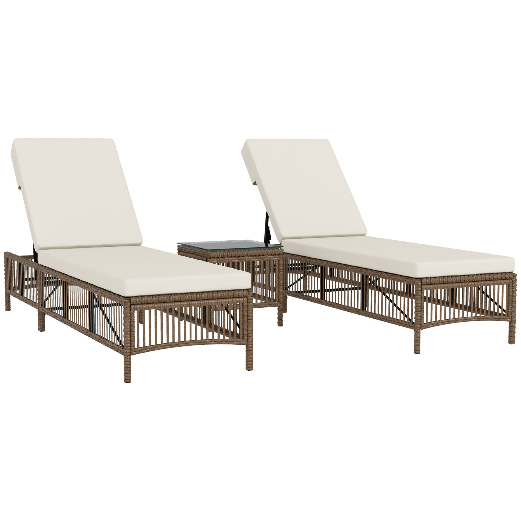 Outsunny Conjunto de 2 Tumbonas de Rat&aacute;n Tumbonas de Jard&iacute;n con Mesa de Centro Respaldo Ajustable en 5 Niveles y Cojines 196x54x32 cm Beige, , large Imagen numero 1