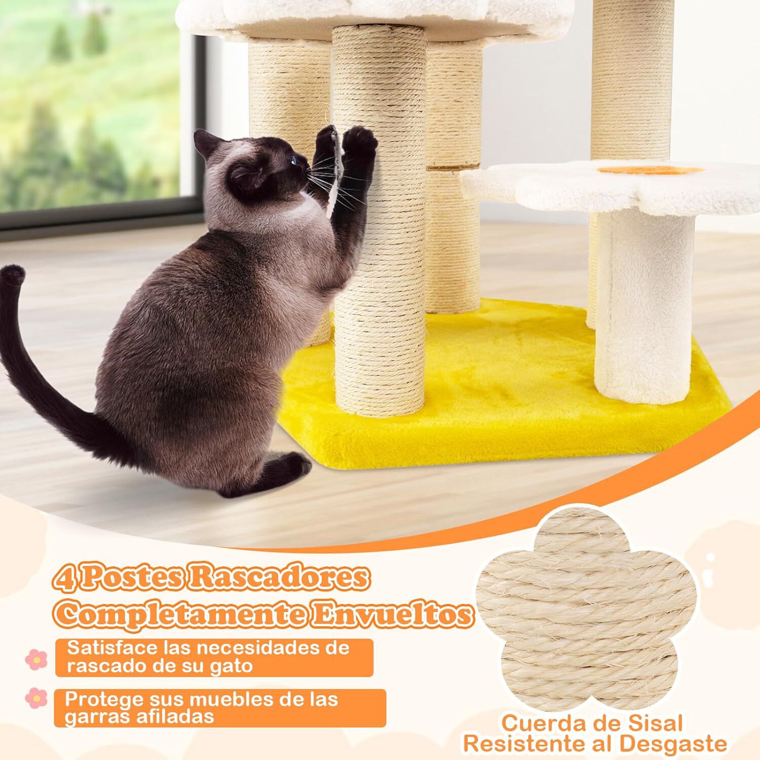 COSTWAY &Aacute;rbol para Gatos en Forma de Flores, Altura 90 cm, &Aacute;rbol Rascador para Gatos con Cama de Felpa, 4 Postes de Rascado de Sisal, 5 Plataformas a Varios Niveles, Torre Gato para Saltar, Dormir, , large Imagen numero 4