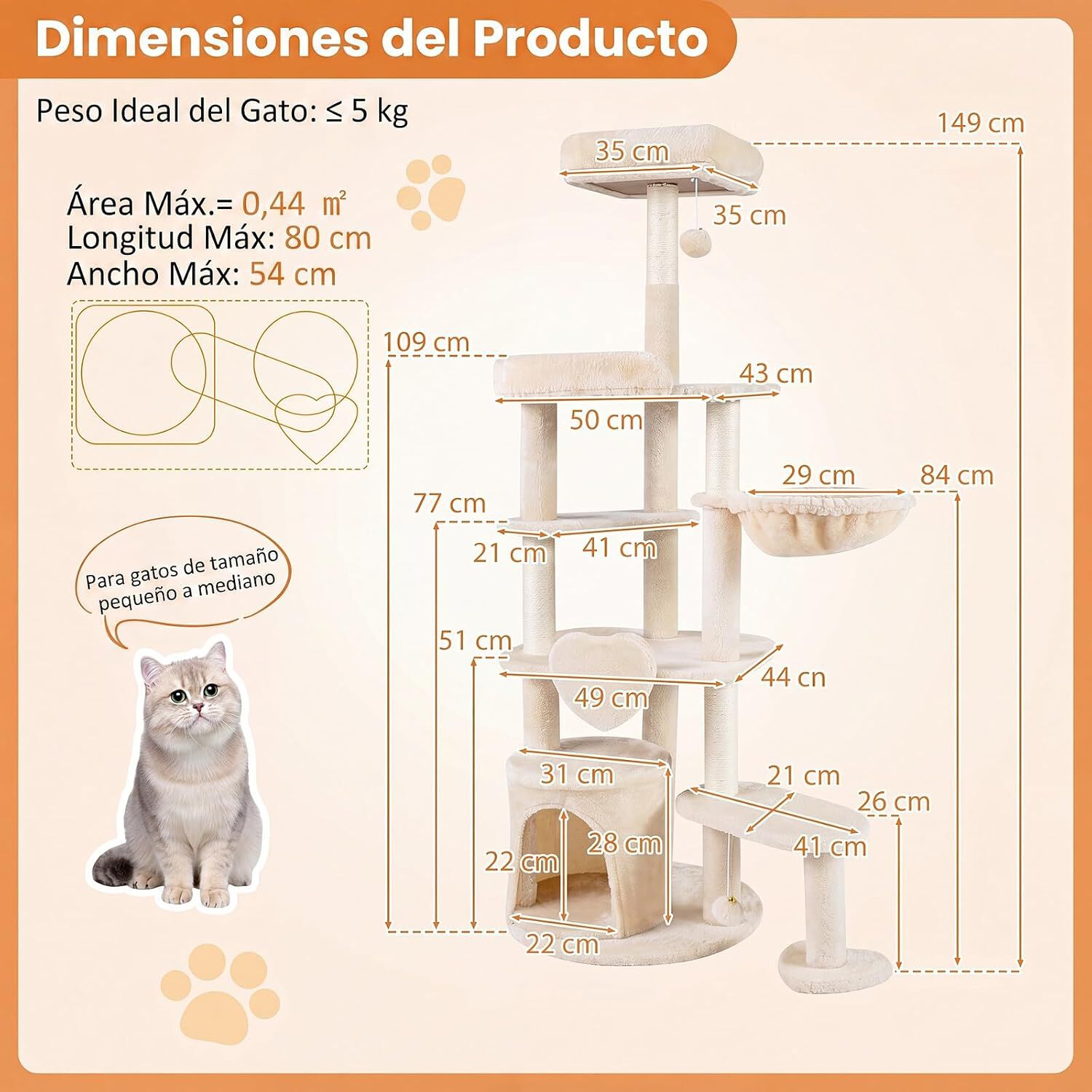 COSTWAY 149 cm Gran &Aacute;rbol Rascador para Gatos con M&uacute;ltiples Niveles | Torre de Juegos con Postes Rascadores de Sisal, Casita, Cesta, Perchas y Juguetes, Centro de Actividades para 2-3 Gatitos, , large Imagen numero 5