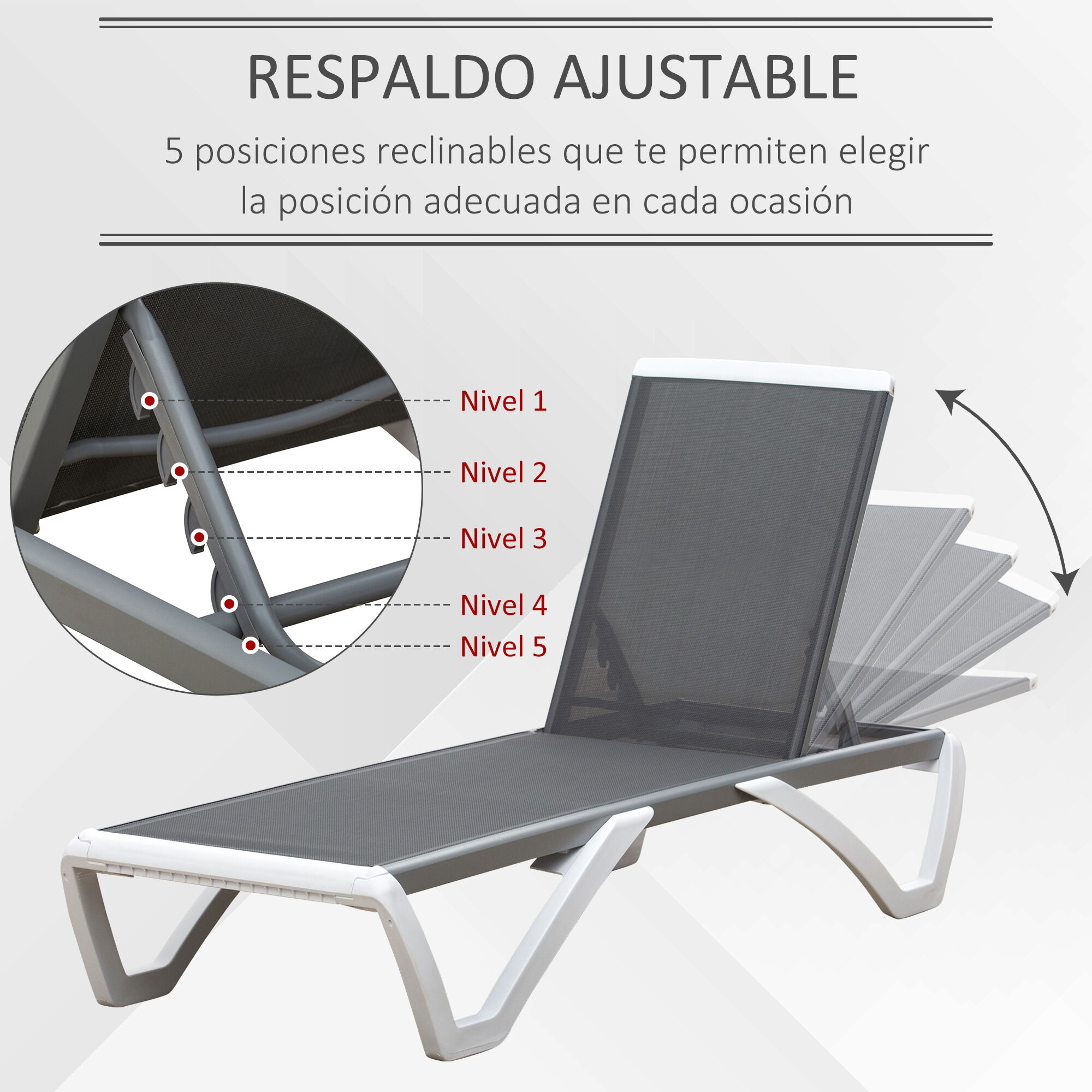 Outsunny Conjunto de 2 Tumbonas Reclinables de Aluminio Tumbonas de Jard&iacute;n con Respaldo Ajustable en 5 Niveles y 2 Ruedas para Terraza Balc&oacute;n Piscina 170x67,5x95 cm Gris y Blanco, , large Imagen numero 4