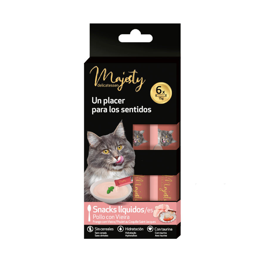 6 sobres x 15 g Majesty Pollo y Vieira snack l&iacute;quido para gatos, , large Imagen numero 2