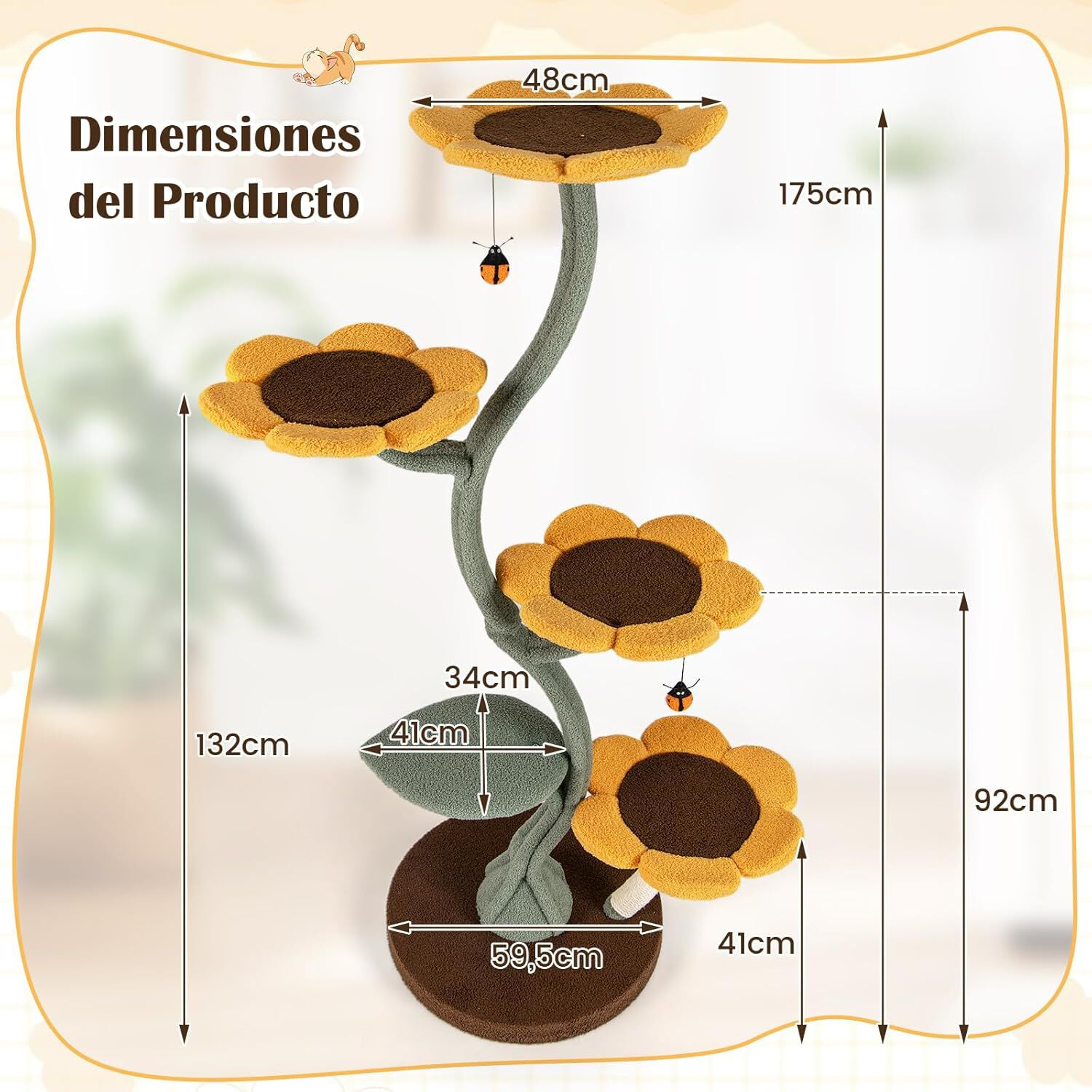 COSTWAY &Aacute;rbol Rascador para Gatos, 175 cm Torre Gatos Rascador Estilo de Girasol con 5 Plataformas Acolchonadas Multinivel en Forma de Flor y Hoja, Postes para Rascar y Bola Colgante Estilo Insecto, , large Imagen numero 5
