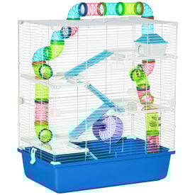 PawHut Jaula para Hámster 59x36x69 cm Casa para Animales Pequeños con Túnel Plataformas Cuenco Bebedero Casita Rampas y Rueda de Ejercicio Azul