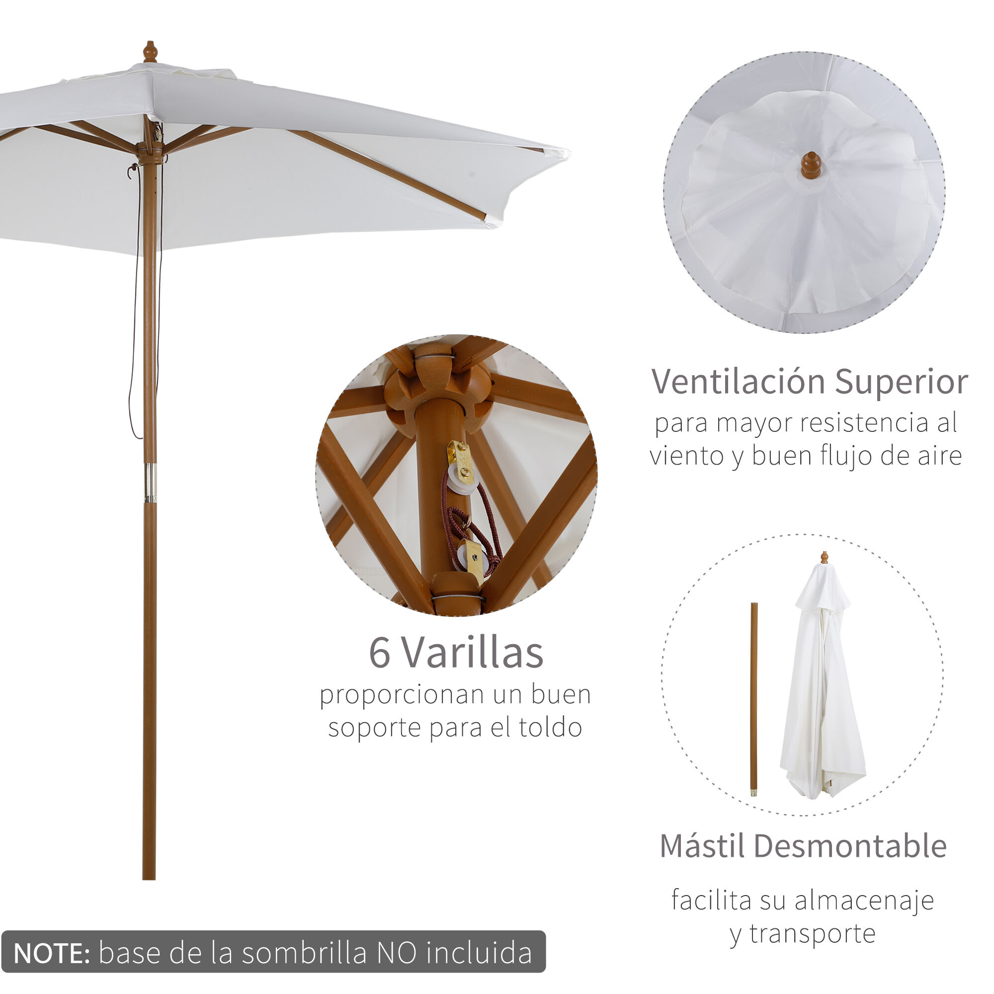 Outsunny Sombrilla Parasol de Madera &Oslash;250x230cm para Exterior con 6 Varillas Sistema de Cuerda con Fijaci&oacute;n Desmontable Port&aacute;til F&aacute;cil de Guardar y Transportar Blanco, , large Imagen numero 5