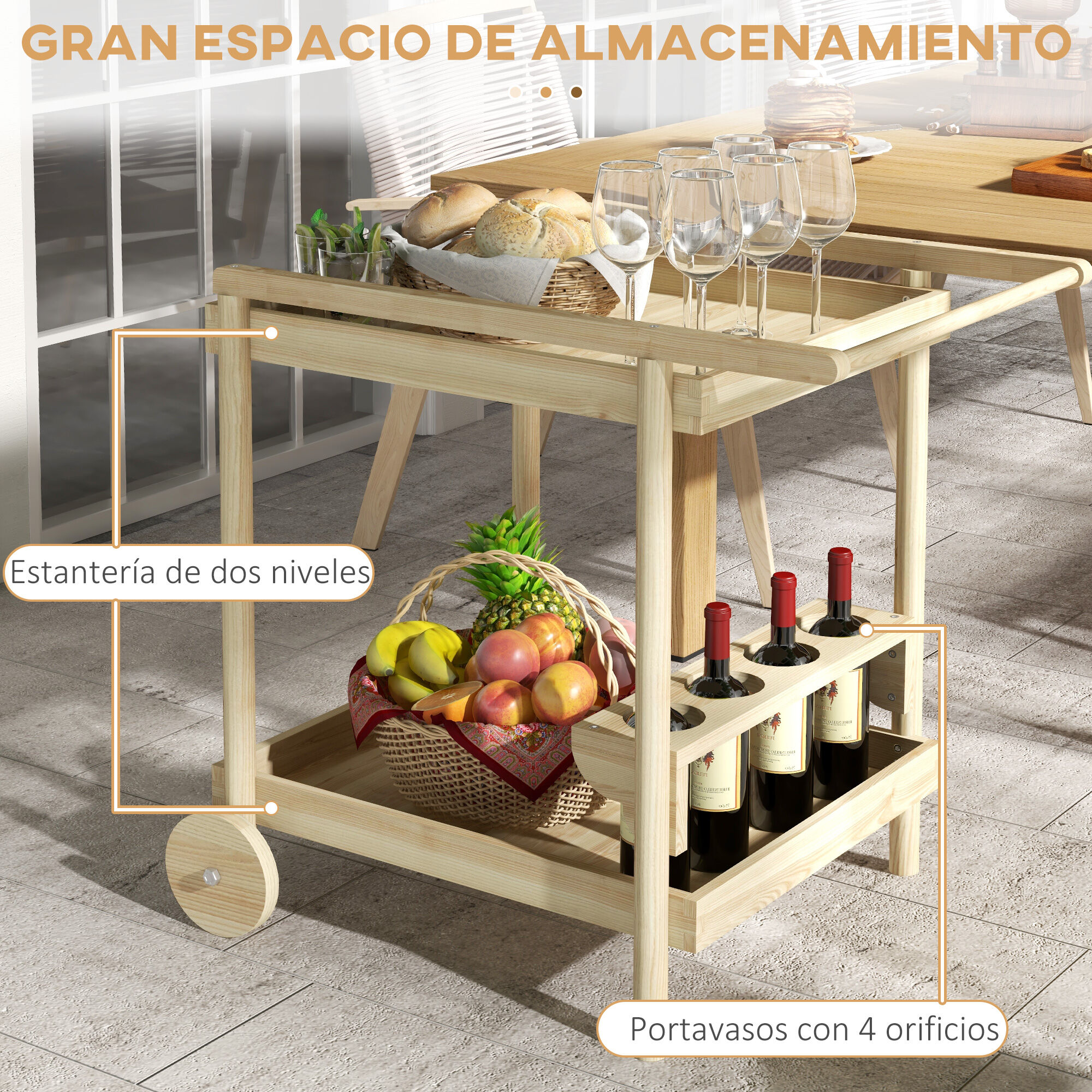 Outsunny Camarera con Ruedas Madera Natural, , large Imagen numero 4