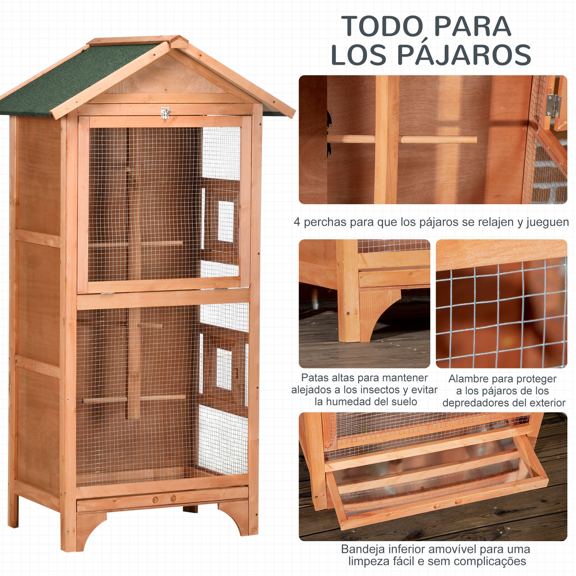 Pawhut Pawhut Jaula Pajarera De Madera Con  Perchas Bandeja Extraíble para pájaros thumbnail