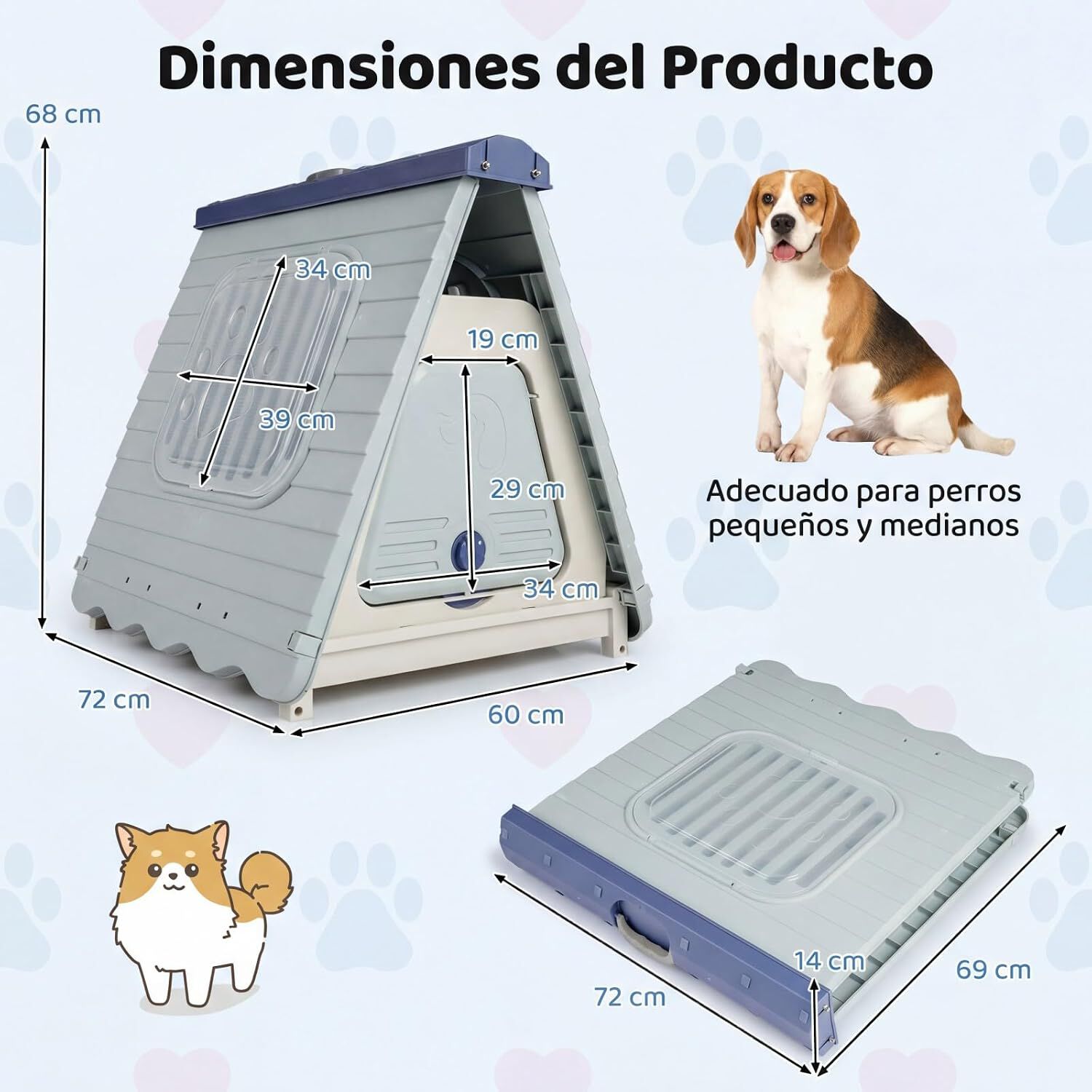 COSTWAY Caseta Perros para Exterior, Casa Plegable de Pl&aacute;stico para Perros con Puerta de Solapa Bloqueable, Ventanas, Base Elevada, Refugio Port&aacute;til Impermeable para Mascotas, 72 x 60 x 68 cm (Azul), , large Imagen numero 5