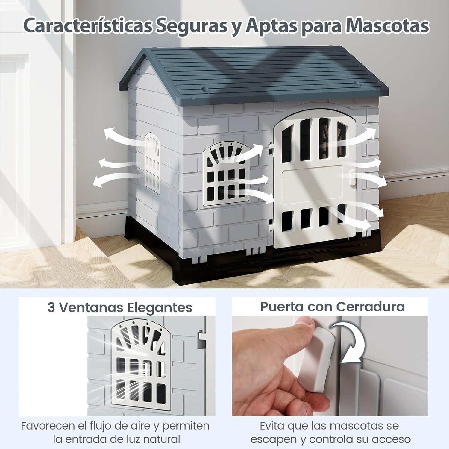 COSTWAY Casa para Perros Plegable de Pl&aacute;stico, Refugio para Mascotas Resistente a la Intemperie con Bandeja de Inodoro, Puerta con Cerradura, Techo Inclinado, Jaula de Interior Exterior para Cachorros Gatos, , large Imagen numero 4