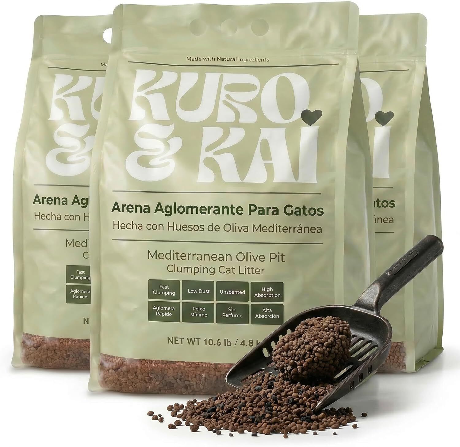 KURO & KAI Arena Aglomerante Natural para Gatos &ndash; Hueso de Oliva con Carb&oacute;n Activo, Sin Perfume, Poco Polvo, Pack 4 Unidades, 19,2 kg / 28 L, , large Imagen numero 6