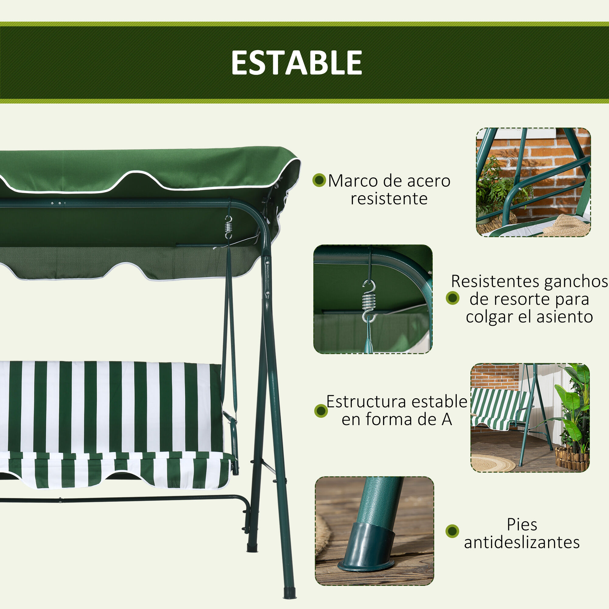 Outsunny Columpio Balanc&iacute;n de Jard&iacute;n Exterior de 3 Plazas con Coj&iacute;n Techo Ajustable y Marco de Acero para Balc&oacute;n Terraza Patio Carga M&aacute;x. 240 kg 172x110x153 cm Raya Verde, , large Imagen numero 5