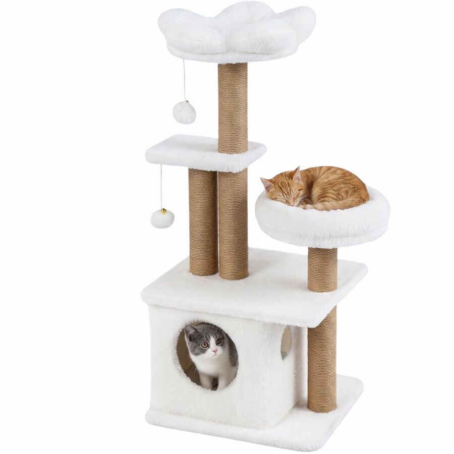 COSTWAY &Aacute;rbol Rascador para Gatos, Torre para Gatos con Percha Superior Acolchonada en Forma de Flor, Condominio y Cama, 2 Bolas Colgantes con Cascabel y Postes, Mueble Multinivel para Escalar (Beige), , large Imagen numero 1