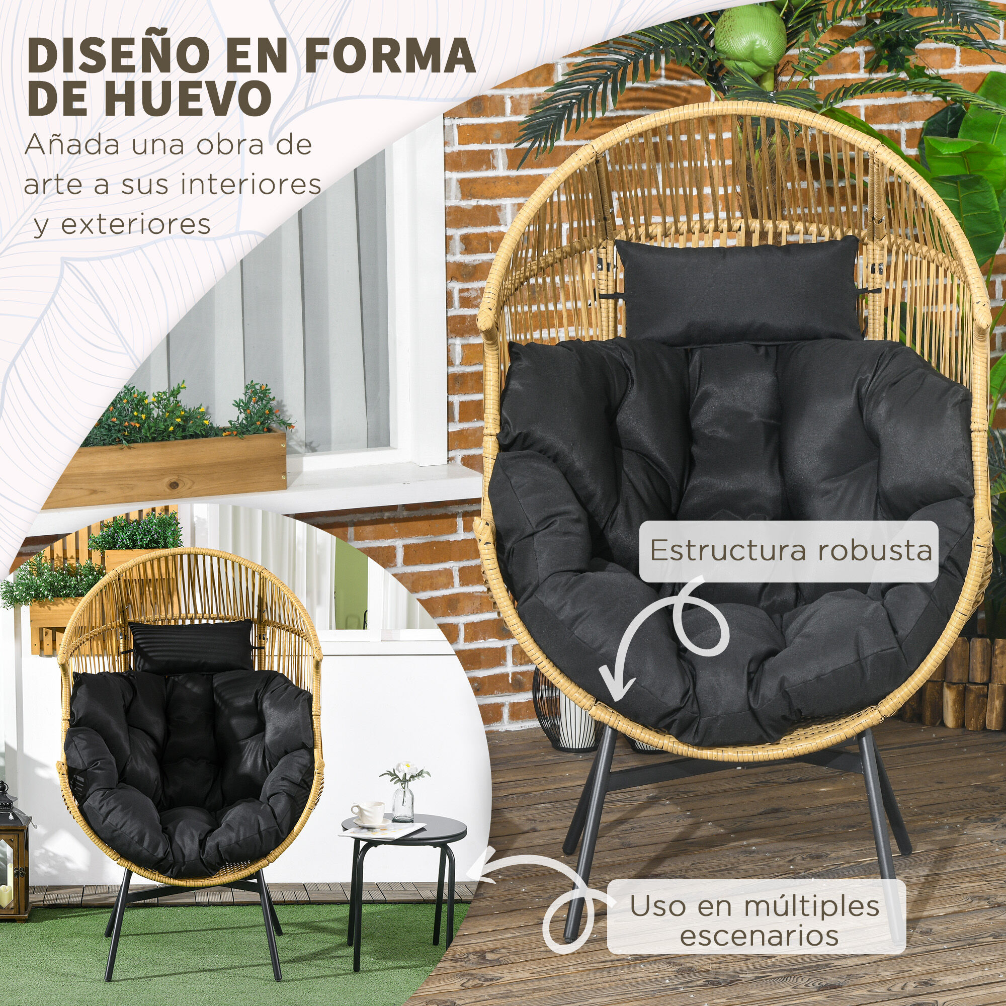 Outsunny Sill&oacute;n de Rat&aacute;n Sint&eacute;tico Silla de Terraza en Forma de Huevo con Reposacabezas Acolchado Coj&iacute;n y Marco de Acero para Jard&iacute;n Balc&oacute;n 89x75x143 cm Arena y Negro, , large Imagen numero 5
