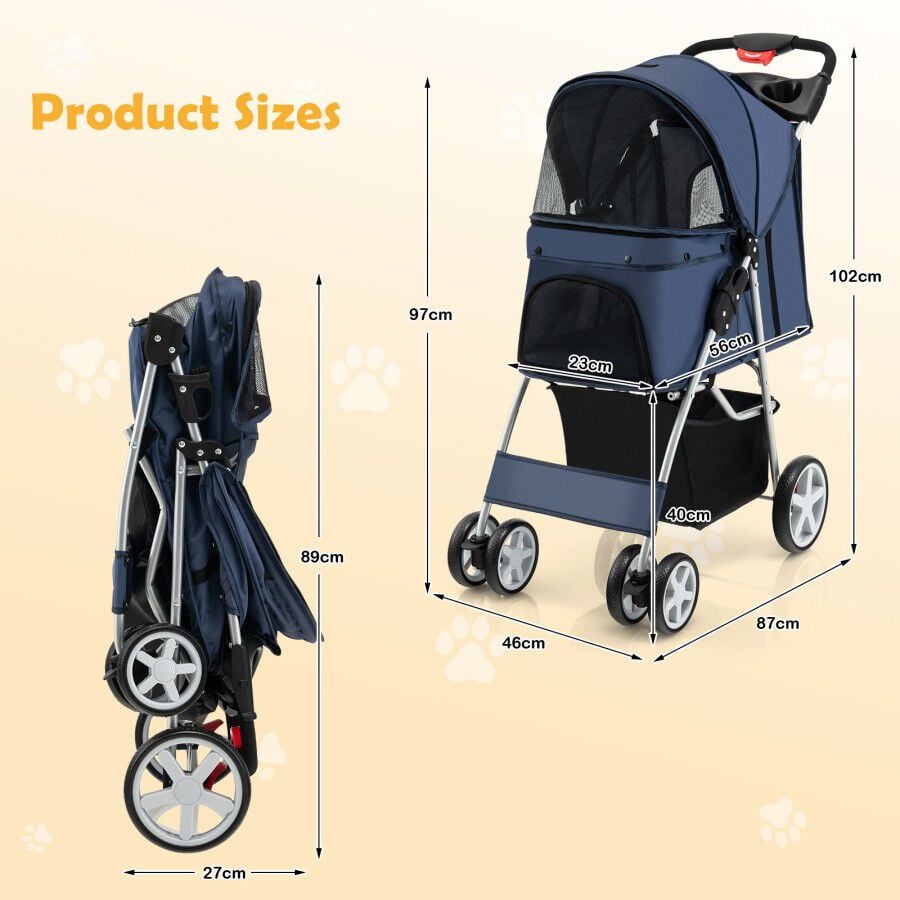 COSTWAY Cochecito Plegable para Mascotas de 4 Ruedas Azul para Gatos y Perros thumbnail
