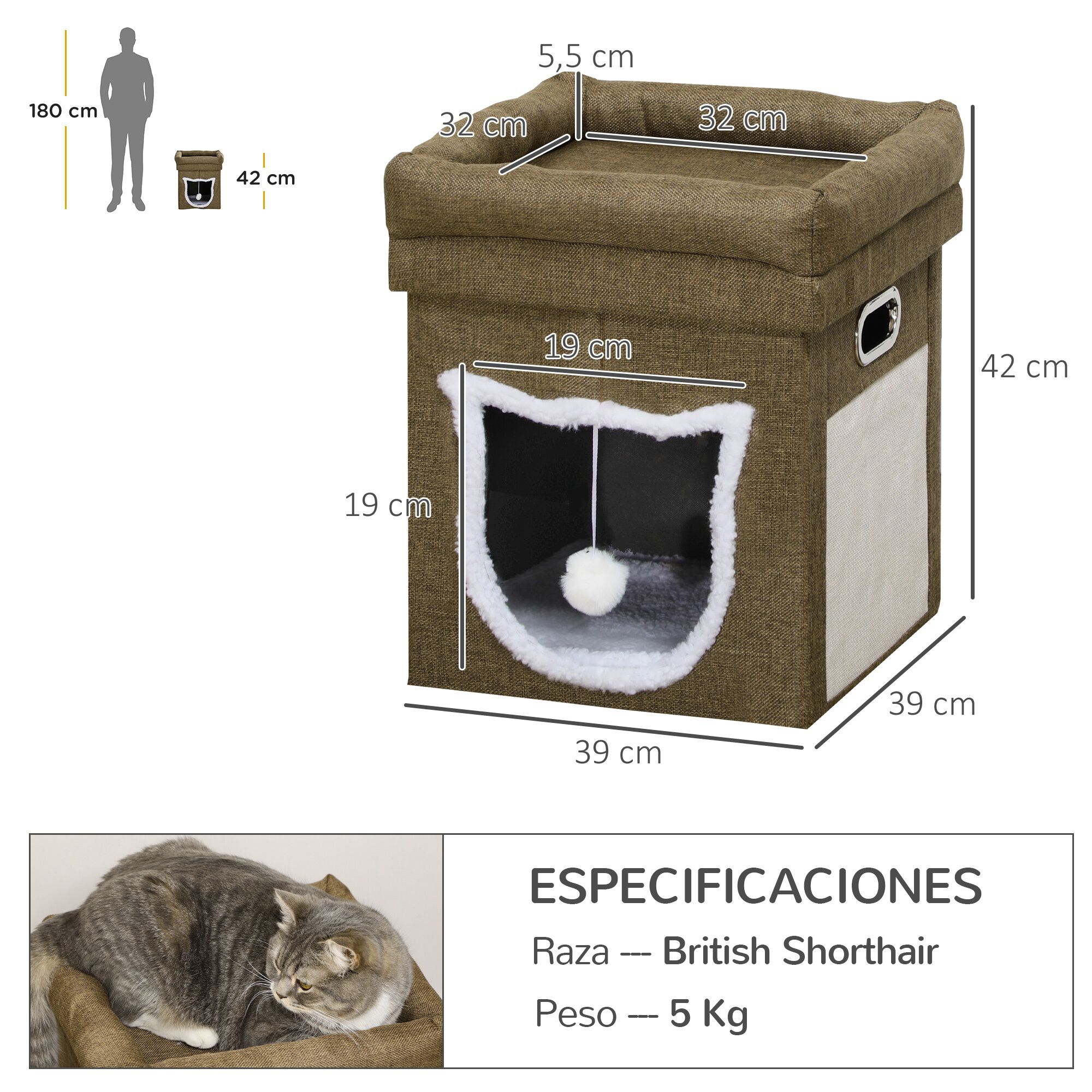 Pawhut Cama Cueva para Gatos Caseta para Gatos con Cama Superior Tablero de Rascador Coj&iacute;n Suave Bola Colgante y Marco de Madera 39x39x42 cm Marr&oacute;n., , large Imagen numero 3