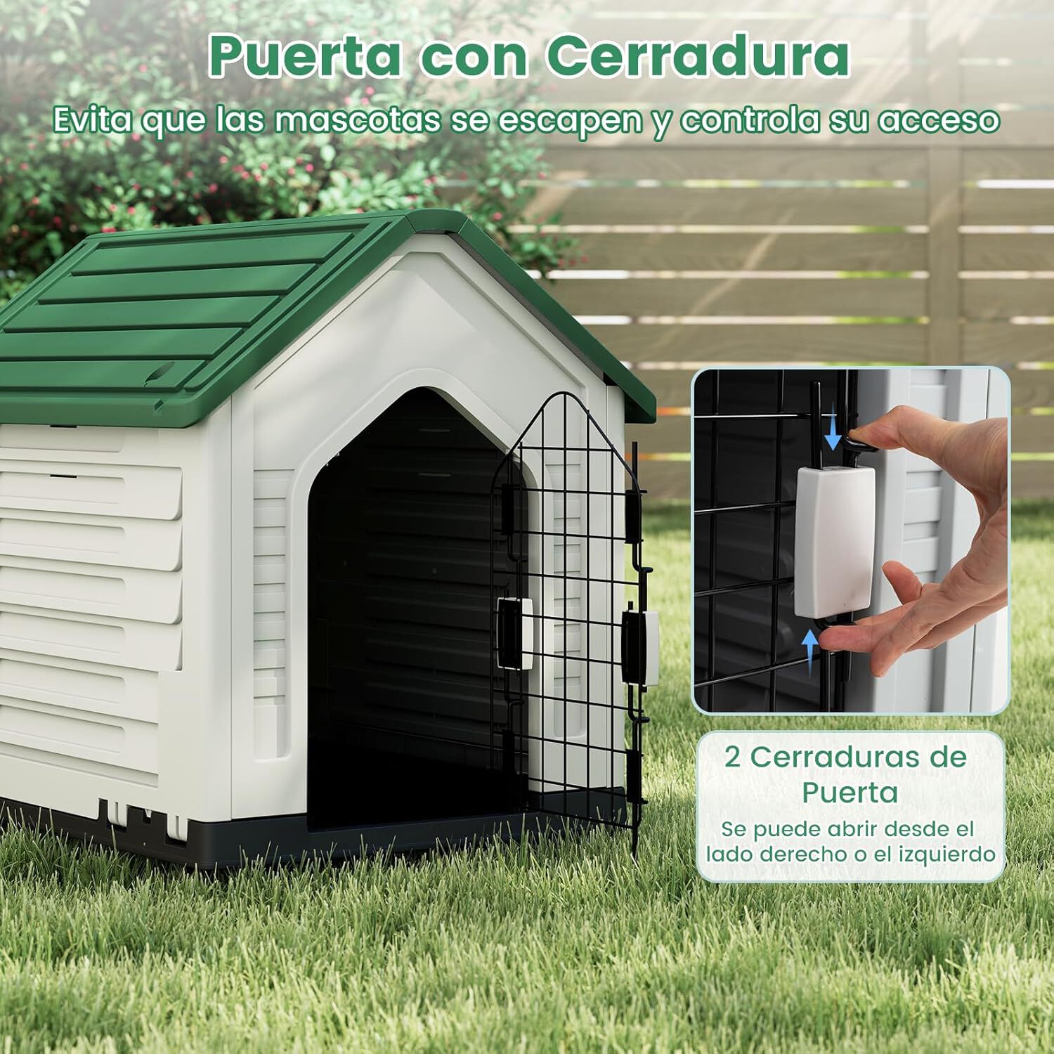 COSTWAY Caseta de Pl&aacute;stico para Perros, Refugio para Mascotas Impermeable con Puerta Met&aacute;lica con Cerradura, Techo Inclinado y Rejillas de Ventilaci&oacute;n, Caseta Perro para Interior y Exterior (Verde), , large Imagen numero 3