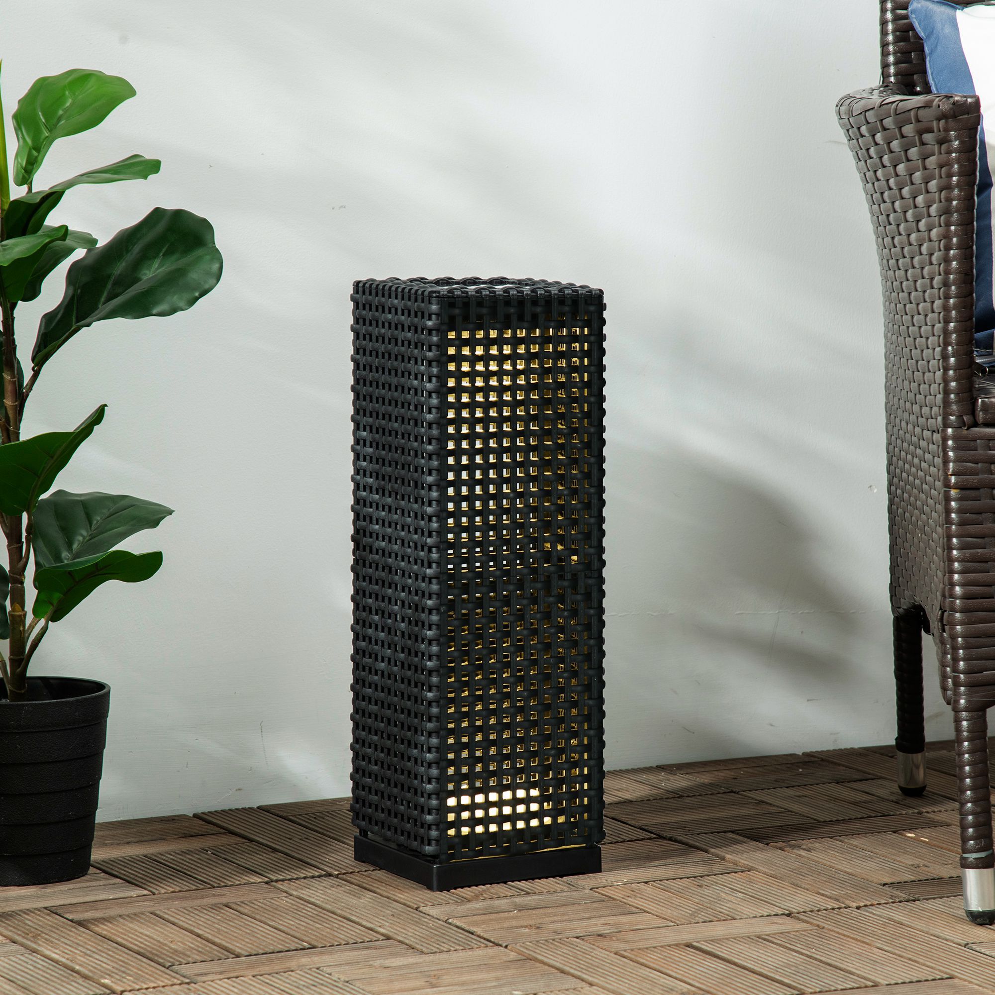 Outsunny L&aacute;mpara de Pie de Rat&aacute;n Sint&eacute;tico Linterna Solar con Luces LED Control Autom&aacute;tico para Decoraci&oacute;n en Interiores y Exteriores 15,5x15,5x47 cm Negro, , large Imagen numero 2