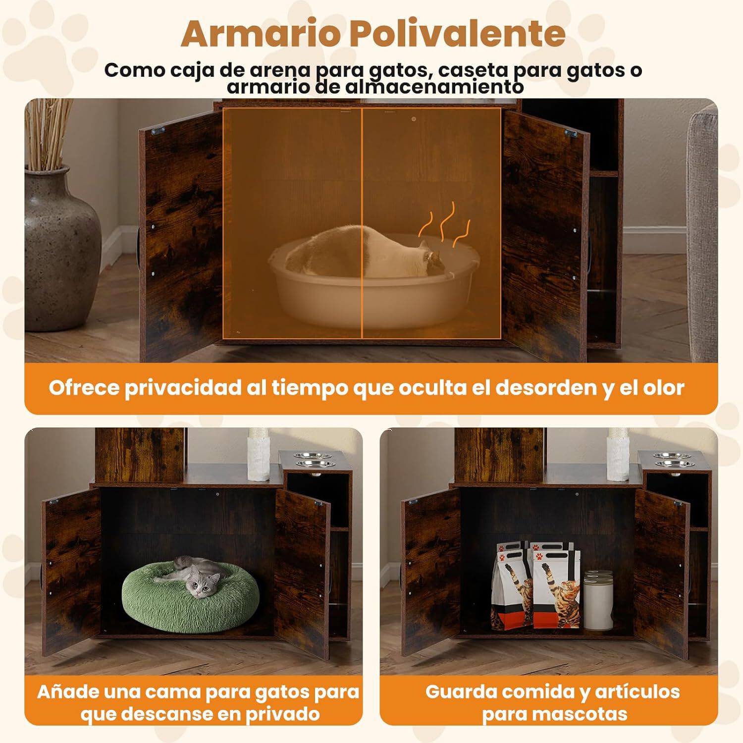 COSTWAY Mueble Arenero para Gatos, &Aacute;rbol Rascador para Gatos con Caja de Arena, 2 Hamacas, Mirador, Postes y Alfombrillas para Rascar, Comederos, Torre Rascador para Gatitos, 87x45x161 cm, Industrial, , large Imagen numero 4