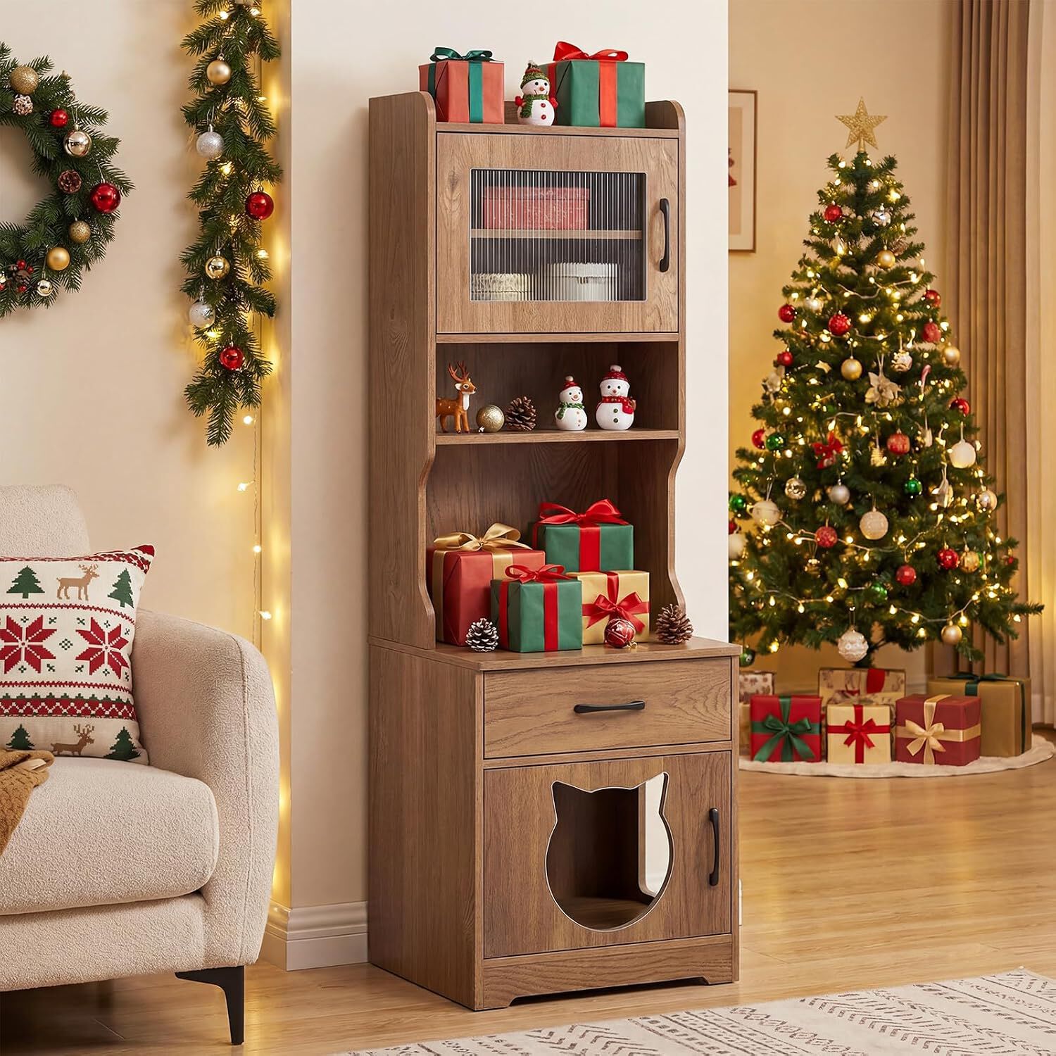 COSTWAY Mueble Arenero Gatos Alto con Luz LED, Armario Arenero para Gatos con Estantes, Estaci&oacute;n de Carga, Caj&oacute;n, 20 Modos de Luz, Control Remoto, Mueble Auxiliar para Gato, 50x45x152cm, Natural, , large Imagen numero 2