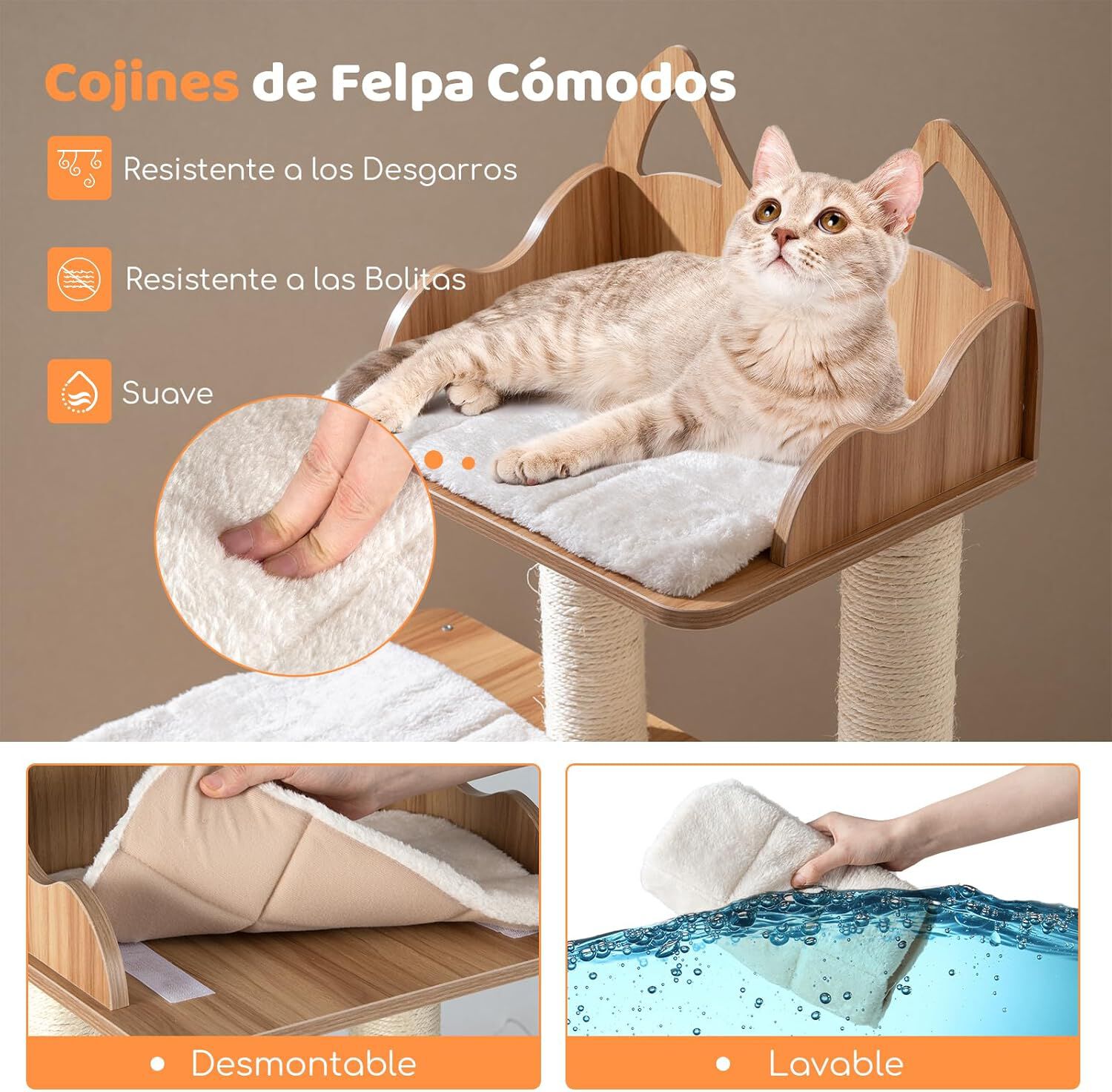 COSTWAY &Aacute;rbol Rascador para Gatos de Madera, 122 cm de Altura, Torre para Gatos con Condo de 2 Pisos, Postes de Sisal, 3 Plataformas Anchos con Cojines Desmontables, Mueble Auxiliar Moderno Gatitos, , large Imagen numero 2