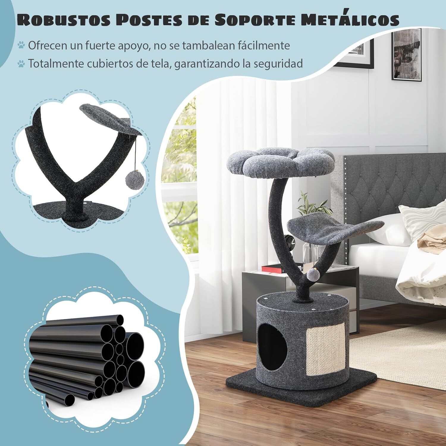 COSTWAY &Aacute;rbol para Gatos Altura 88 cm, Torre para Gatos con Marco de Soporte de Metal, Tabla Rascador de Sisal, 2 Plataformas, Condominio, Centro de Actividades de 3 Niveles para Gatos, , large Imagen numero 2