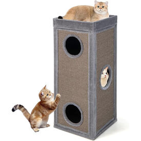 COSTWAY Casa para Gatos de 3 Pisos, Condo para Gatos en Forma de Barril con 3 Escondites y Postes Rascadores de Sisal, 4 Suaves Cojines de Felpa Extraíbles, Moderno Mueble para Gato de Interior