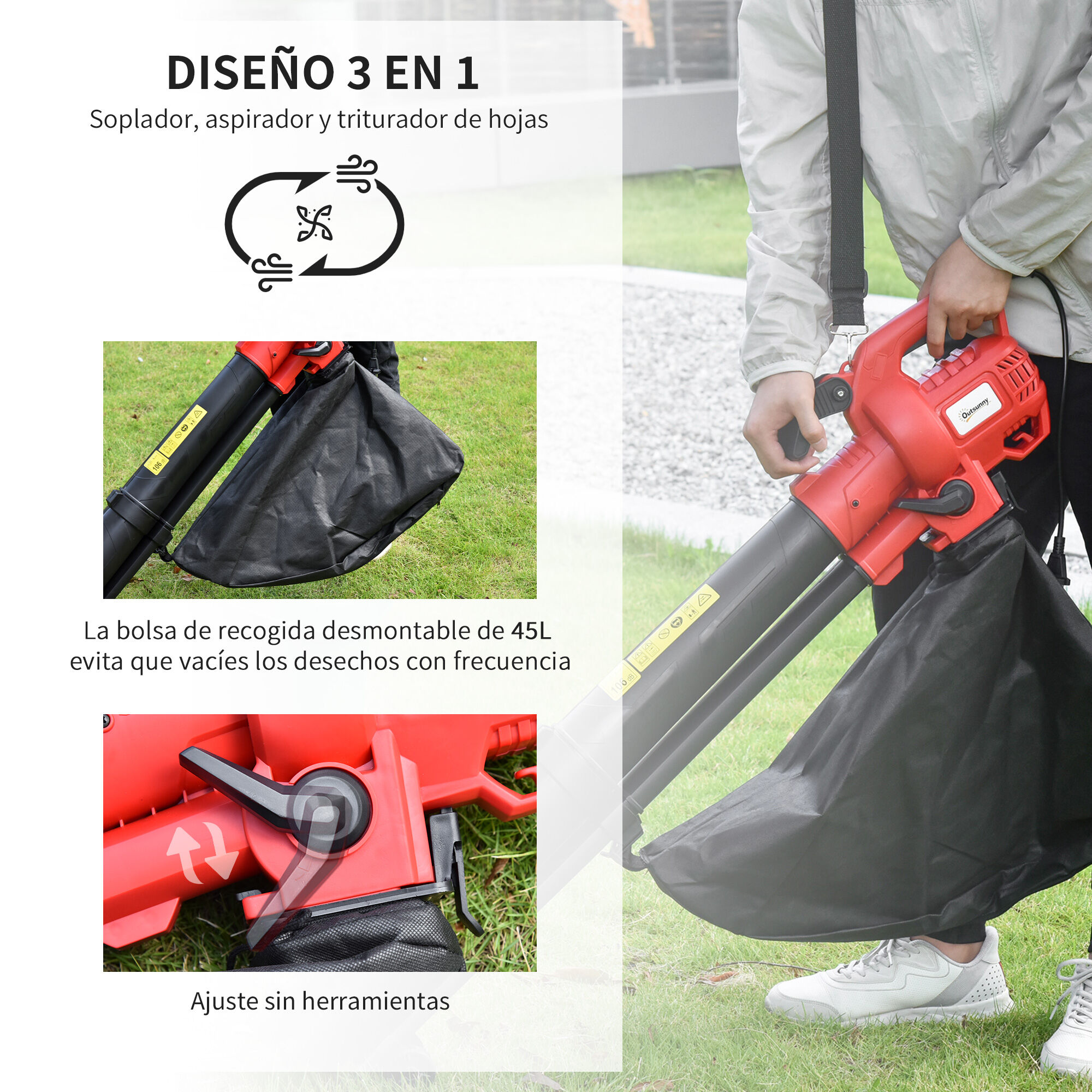 Outsunny 3 en 1 Aspirador Soplador y Triturador de Hojas El&eacute;ctrico Potencia 3000W Velocidad de 270 km/h con Bolsa Colectora 45L y 2 Ruedas 118x17x34 cm Negro, , large Imagen numero 5