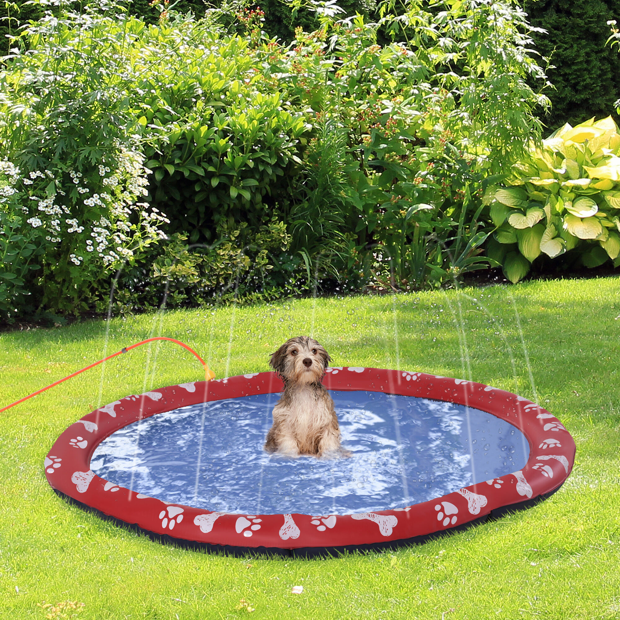 PawHut Splash Pad 150 cm Aspersor de Juegos de Agua con Rociador Tapete de Salpicaduras Piscina de Verano Port&aacute;til para Mascotas Perros Rojo., , large Imagen numero 1