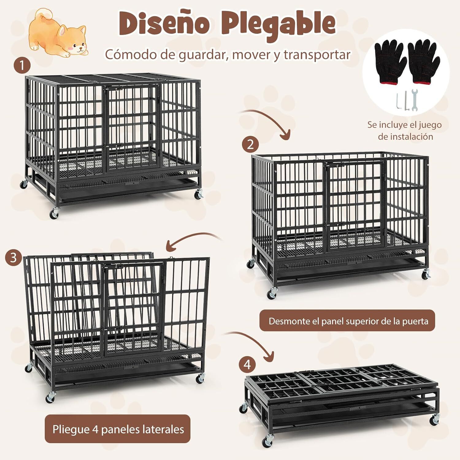 COSTWAY Jaula para Perros Plegable, Jaula para Mascotas de Metal con 2 Puertas, 4 Ruedas Giratorias, Bandeja Extra&iacute;ble, Caja para Perros Port&aacute;til para Interiores y Exteriores (96 x 65 x 77 cm), , large Imagen numero 4