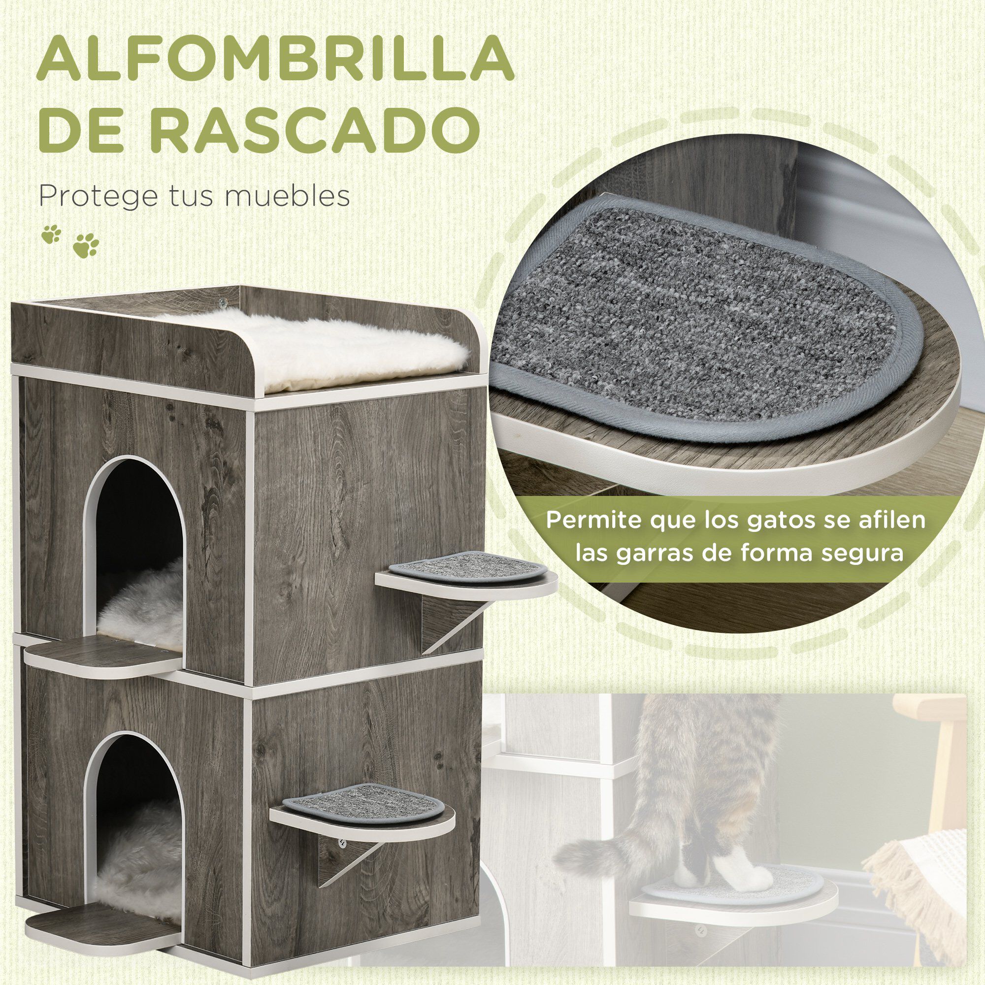 Pawhut Caseta para Gatos de Madera Casa para Gatos Forma de Barril con 3 Cojines 2 Orificios Frontales y 2 Plataformas Laterales 68x53x80,5 cm Gris, , large Imagen numero 4