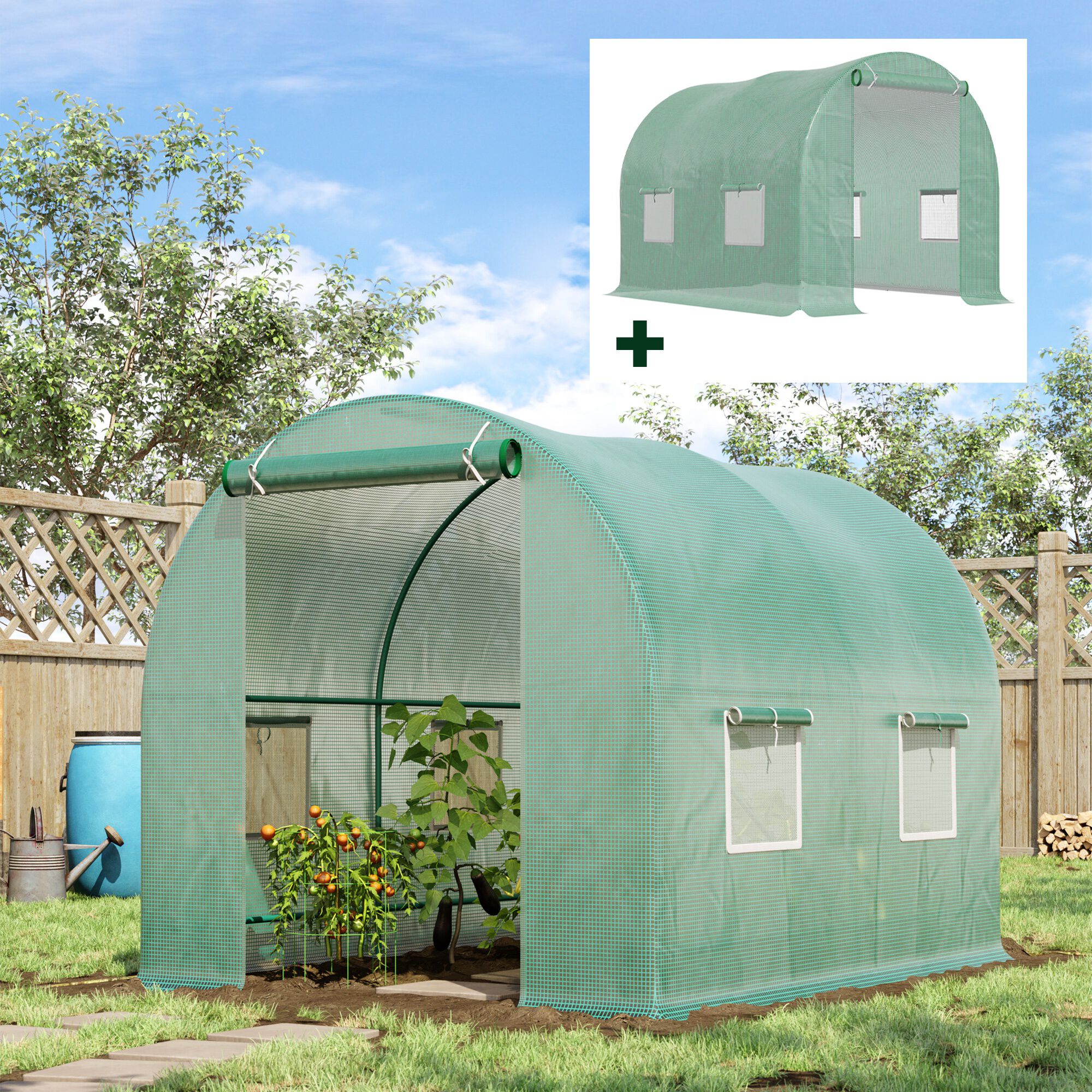 Outsunny Conjunto de Invernadero de T&uacute;nel y Cubierta de Repuesto con 4 Ventanas y Puerta Anti-UV para Cultivos Plantas Flores en Jard&iacute;n Terraza 2,5x2x2 m Verde, , large Imagen numero 2