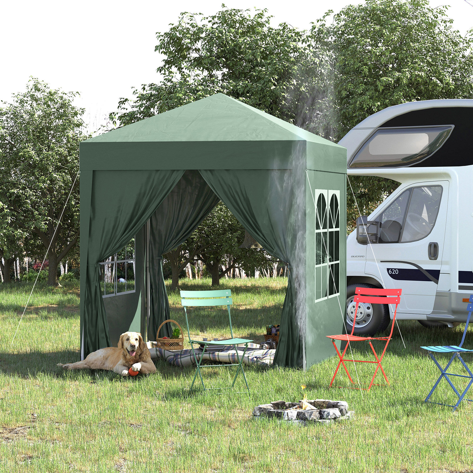 Outsunny Carpa Plegable Gazebo 2x2 m Cenador de Jard&iacute;n con 4 Paredes Laterales Tela Oxford 2 Puertas 2 Ventanas y Bolsa de Transporte Impermeable para Exterior Terraza Camping Fiestas Verde, , large Imagen numero 2