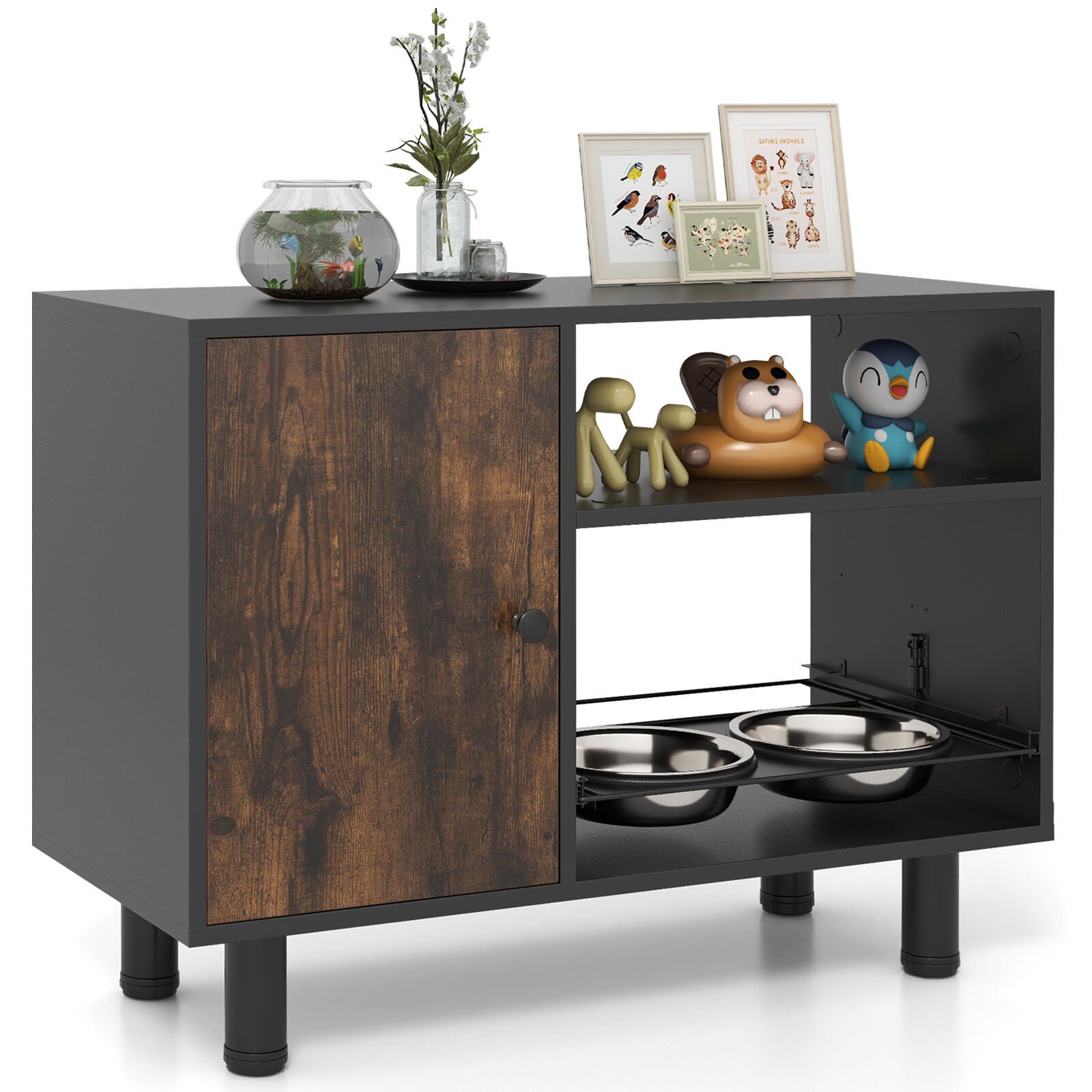 COSTWAY Estación de Alimentación Elevada Ajustable para Perros con 2 Cuencos de Acero Inoxidable y Estantes