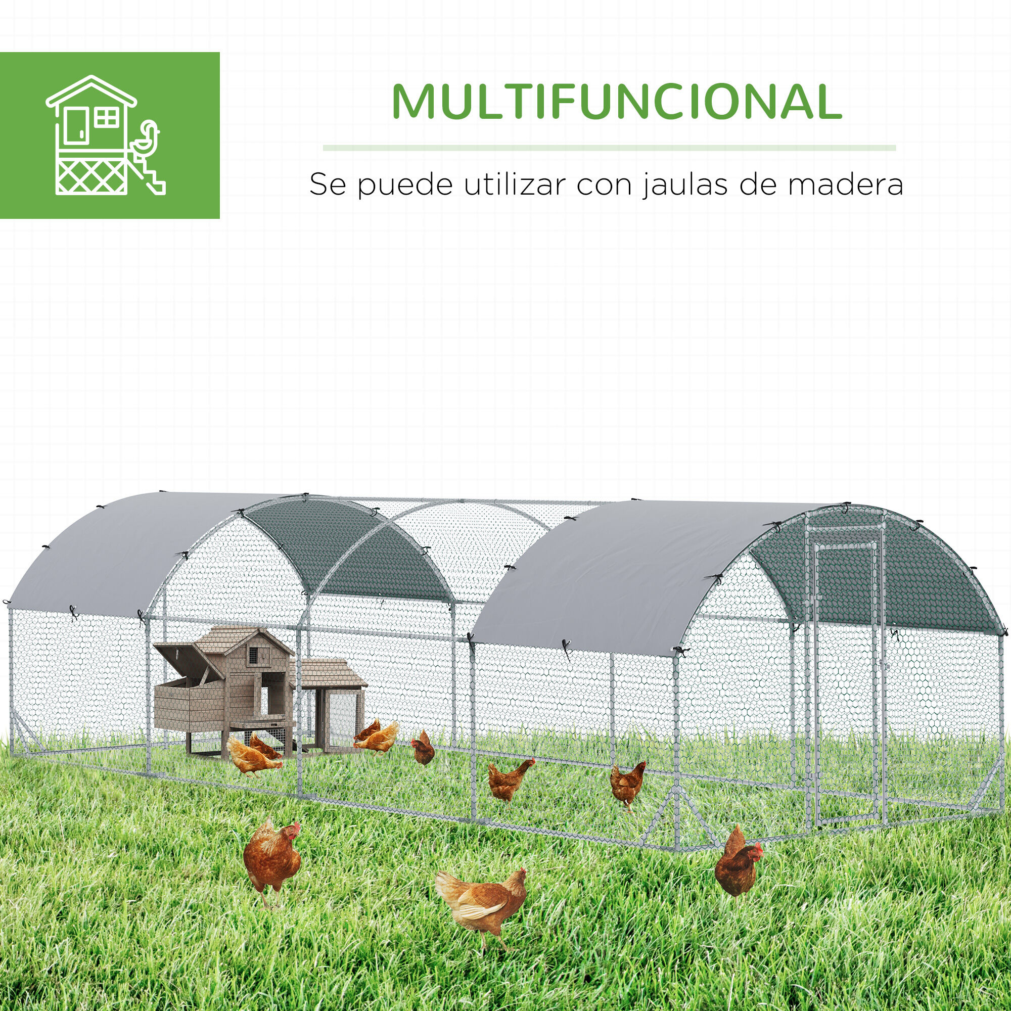 PawHut Gallinero para Exterior Grande de Acero Galvanizado 280x760x197 cm Jaula de Aves Cubierta de Tela Oxford Impermeable y Resistente a los Rayos UV para Patio Plata, , large Imagen numero 5