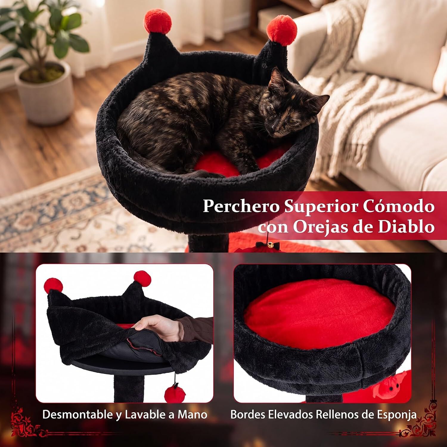 COSTWAY 144 cm &Aacute;rbol Rascador para Gatos G&oacute;tico de Interior, Rojo Torre para Gatos Multinivel con Postes Rascadores, Plataformas, Casita y Juguete Colgante, Centro de Actividad para Mascotas, , large Imagen numero 4