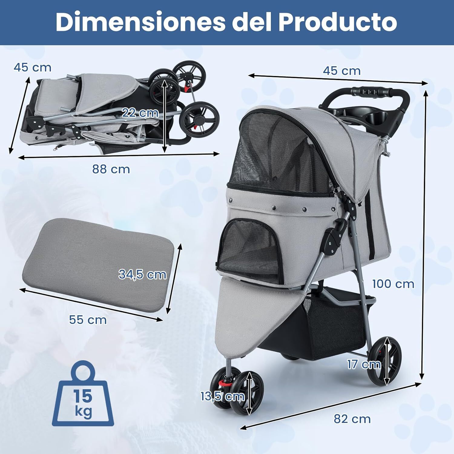 COSTWAY Cochecito Plegable para Mascotas, Carrito para Perros con Capota Ajustable, Almohadilla Lavable Extra&iacute;ble, Cesta de Almacenaje, Portavasos, Carro para Perros hasta 15 kg, 82x45x100 cm (Gris), , large Imagen numero 5