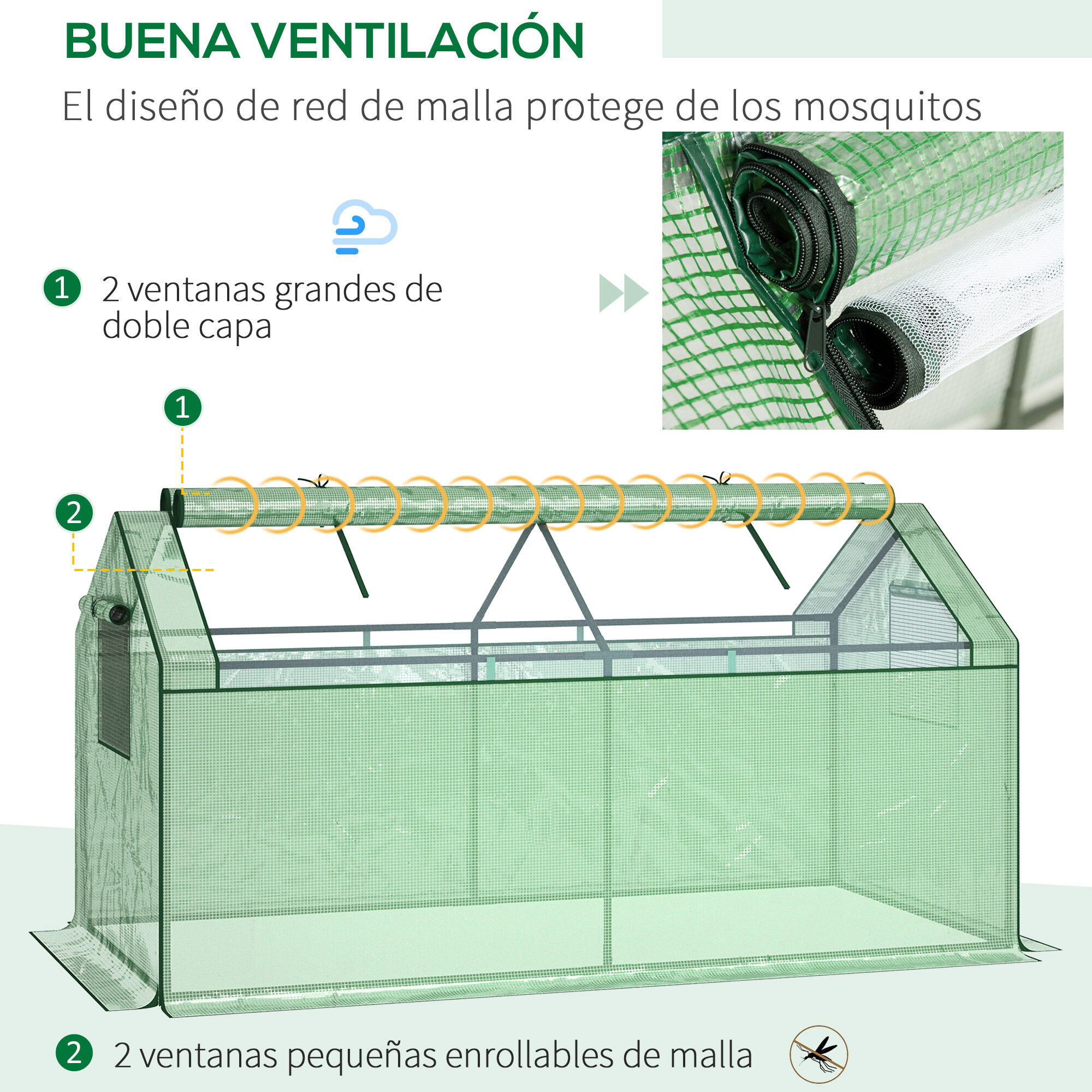Outsunny Invernadero de Terraza 180x92x92 cm Caseta de Jard&iacute;n con 2 Ventanas Enrollables de Doble Capa y Marco de Metal Vivero Casero para Cultivo Plantas Flores Verde, , large Imagen numero 4