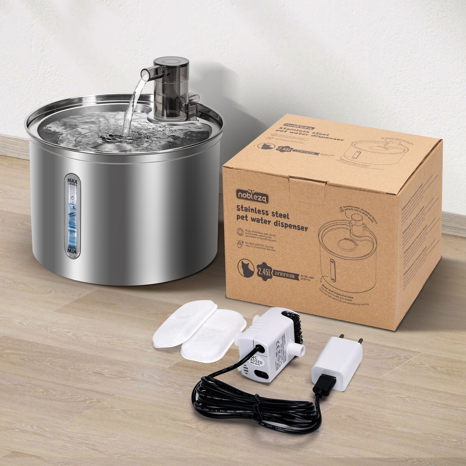 Nobleza - 2.5L Fuente para Gatos Acero Inoxidable, Fuente Gato Silenciosa - Fuente de Agua para Perros, Bebedero Silencioso con Triple Filtraci&oacute;n, Apto para Gatos, Perros y Mascotas, , large Imagen numero 4