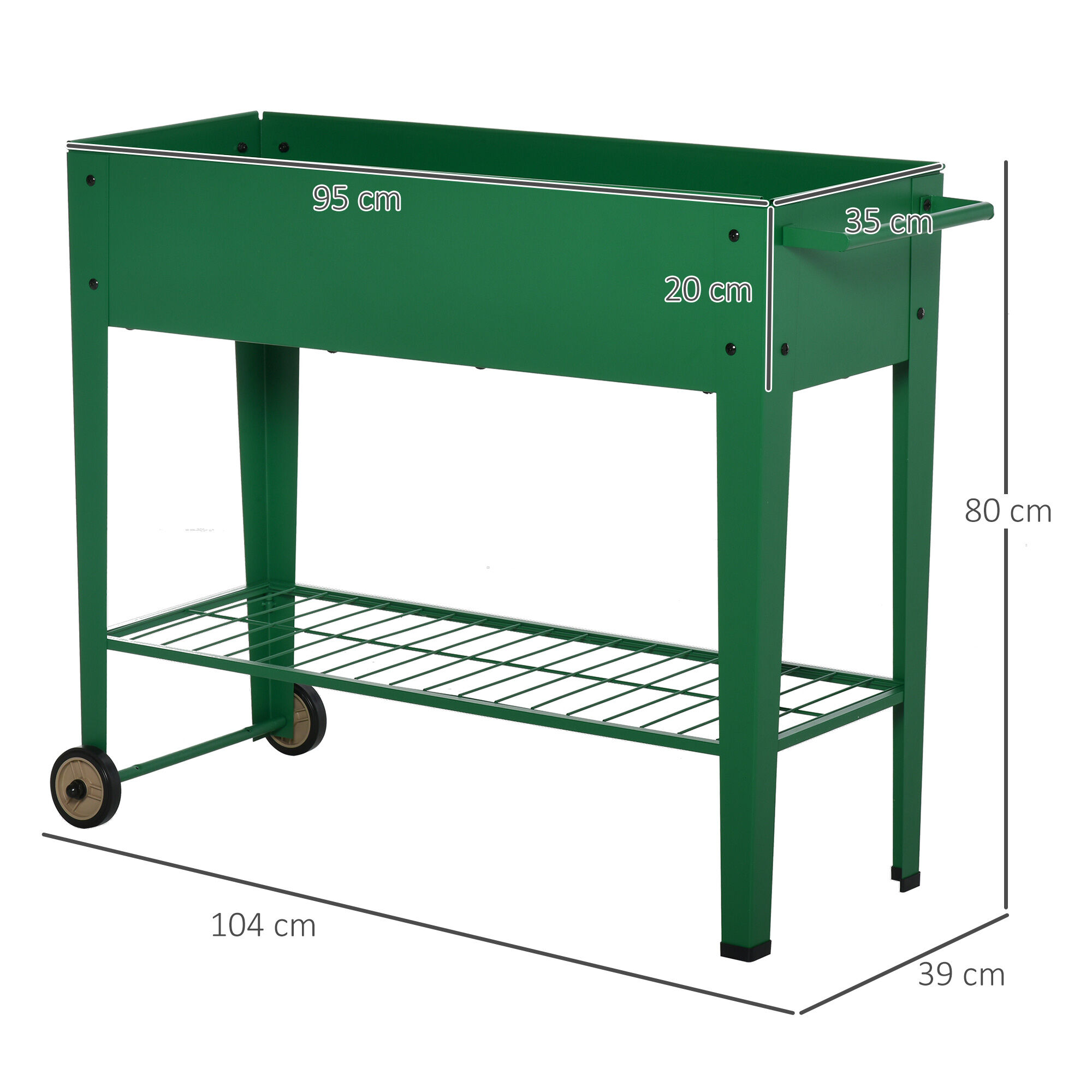 Outsunny Huerto Urbano Jardinera Elevada de Metal Cama de Jard&iacute;n con Ruedas Asa Lateral y Estante Inferior para Cultivo Plantas Hortalizas Flores 104x39x80 cm Verde, , large Imagen numero 3