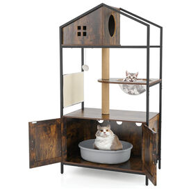 COSTWAY Árbol para Gatos con Cajón de Arena, Casa para Gatos con Poste Rascador, Cápsula Espacial, Bola Colgante, Ventilaciones, Condominio Multinivel para Gatos Interior Marrón Rústico