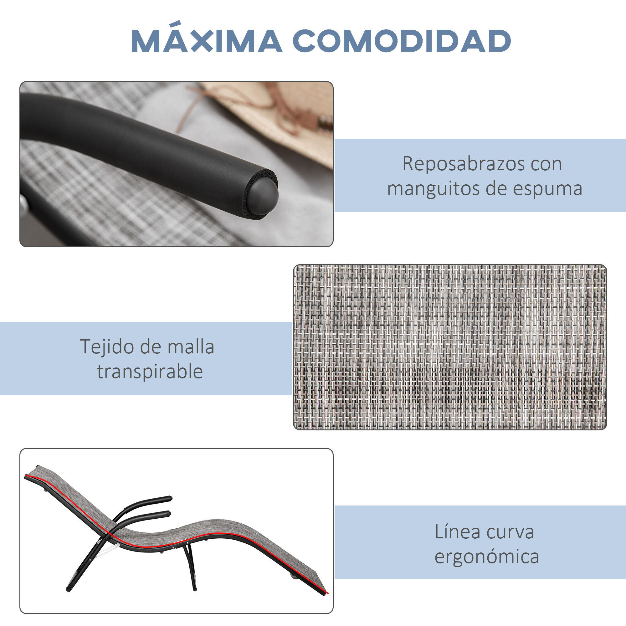 Outsunny Conjunto de 2 Tumbonas Plegables Tumbonas de Jard&iacute;n con Reposabrazos Reposapi&eacute;s y Respaldo Carga 160 kg para Terraza Playa Camping Exterior 170x62x68 cm Gris, , large Imagen numero 5