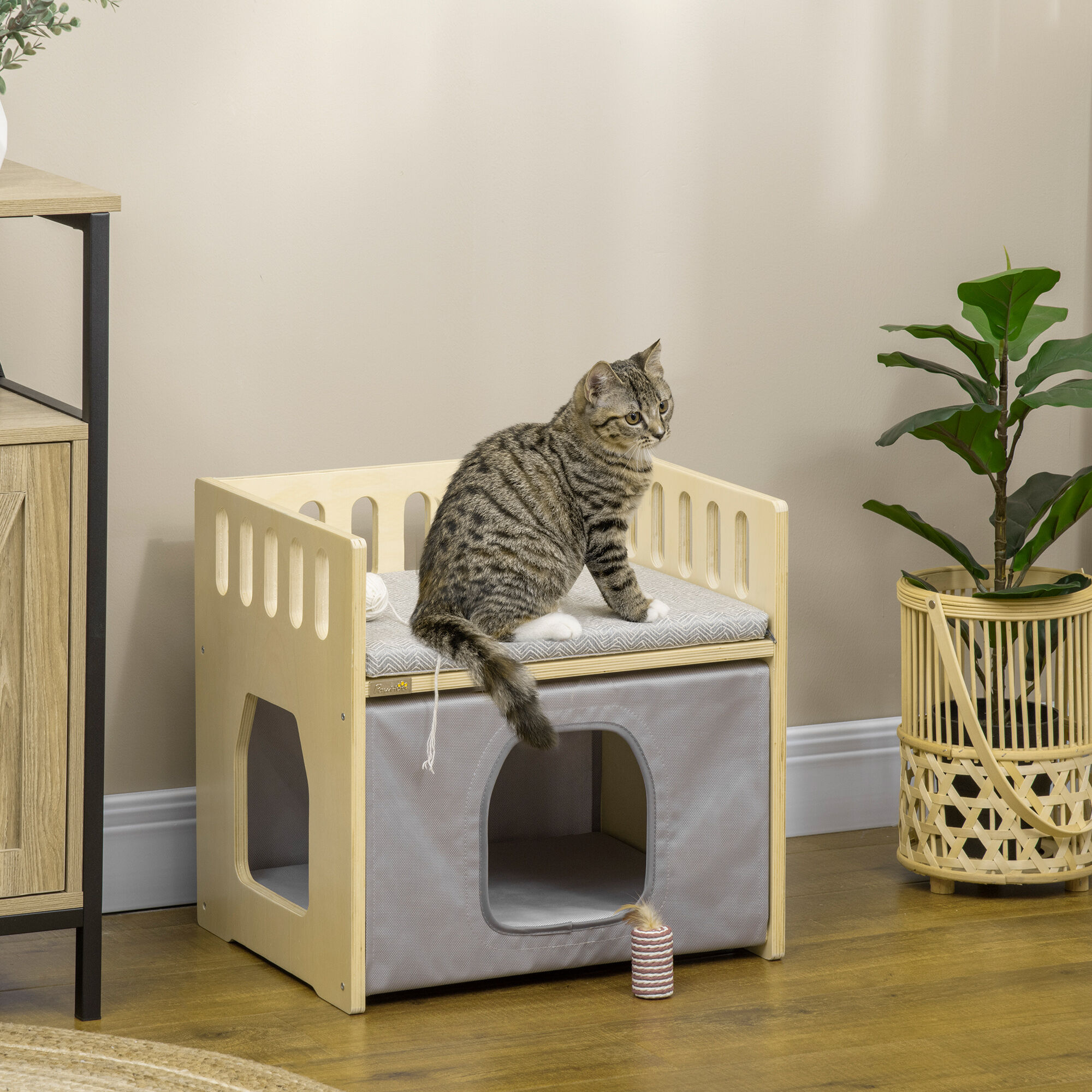 PawHut Cama para Gatos de Madera Cueva para Gatos Casa para Gatos de Interior con 2 Cojines y Cubierta de Tela Oxford Extra&iacute;ble 48x38x47 cm Natural, , large Imagen numero 2