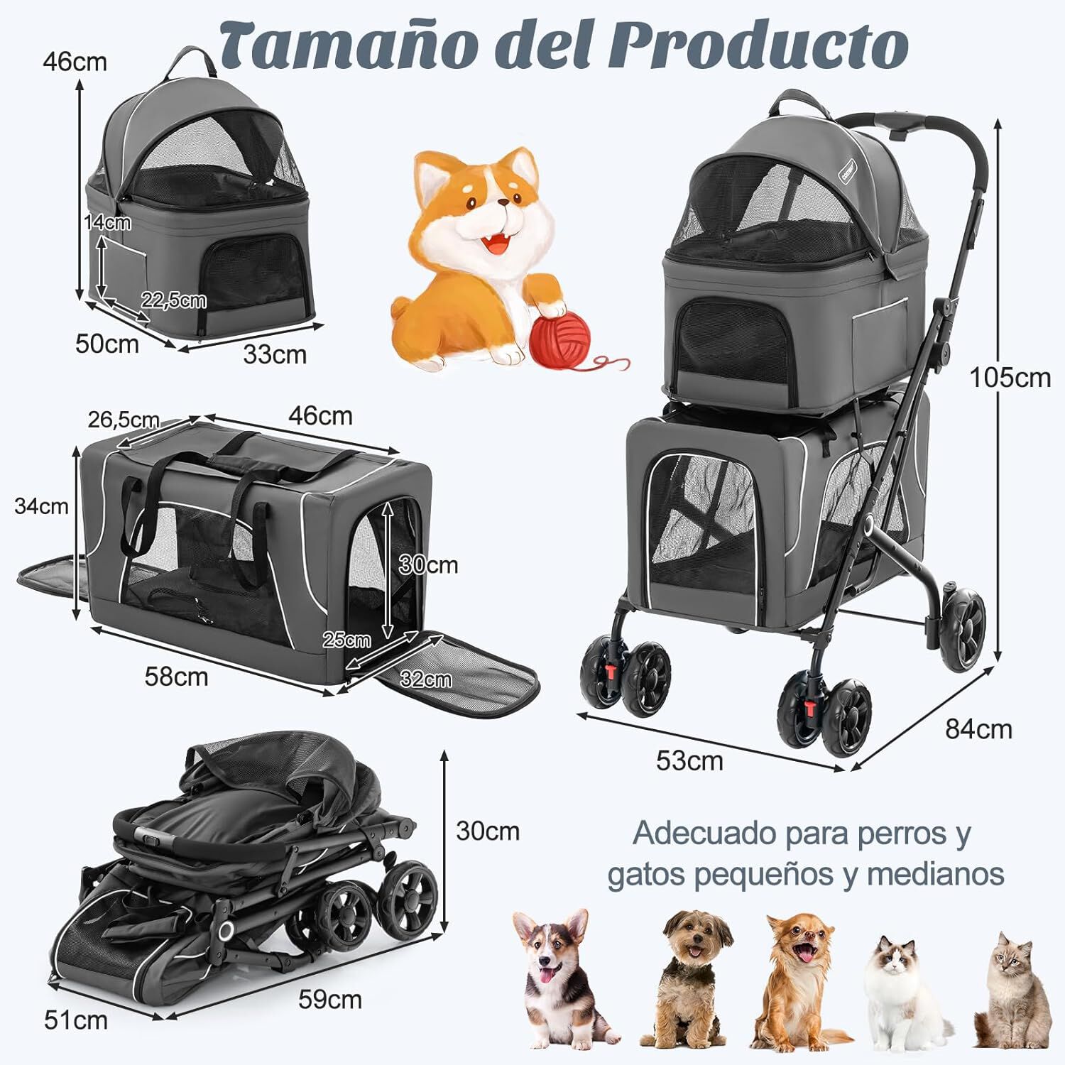 COSTWAY Cochecito para Perros Plegable, 3 en 1 Carrito para 2 Perros o Gatos, con 2 Transportines Desmontables, Cinturón de Seguridad, Cojines Desmontables, Carrito de Viaje para Mascotas (Gris) thumbnail