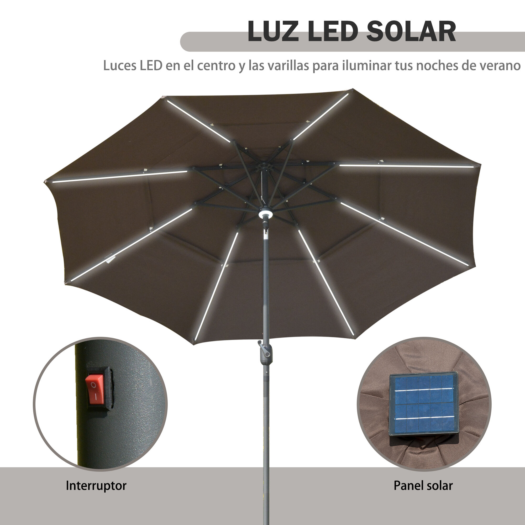 Outsunny Sombrilla de Jard&iacute;n &Oslash;300x250cm con Luces LED y Panel Solar Manivela &Aacute;ngulo Ajustable en 3 Posiciones Parasol para Patio Terraza Piscina Caf&eacute;, , large Imagen numero 4