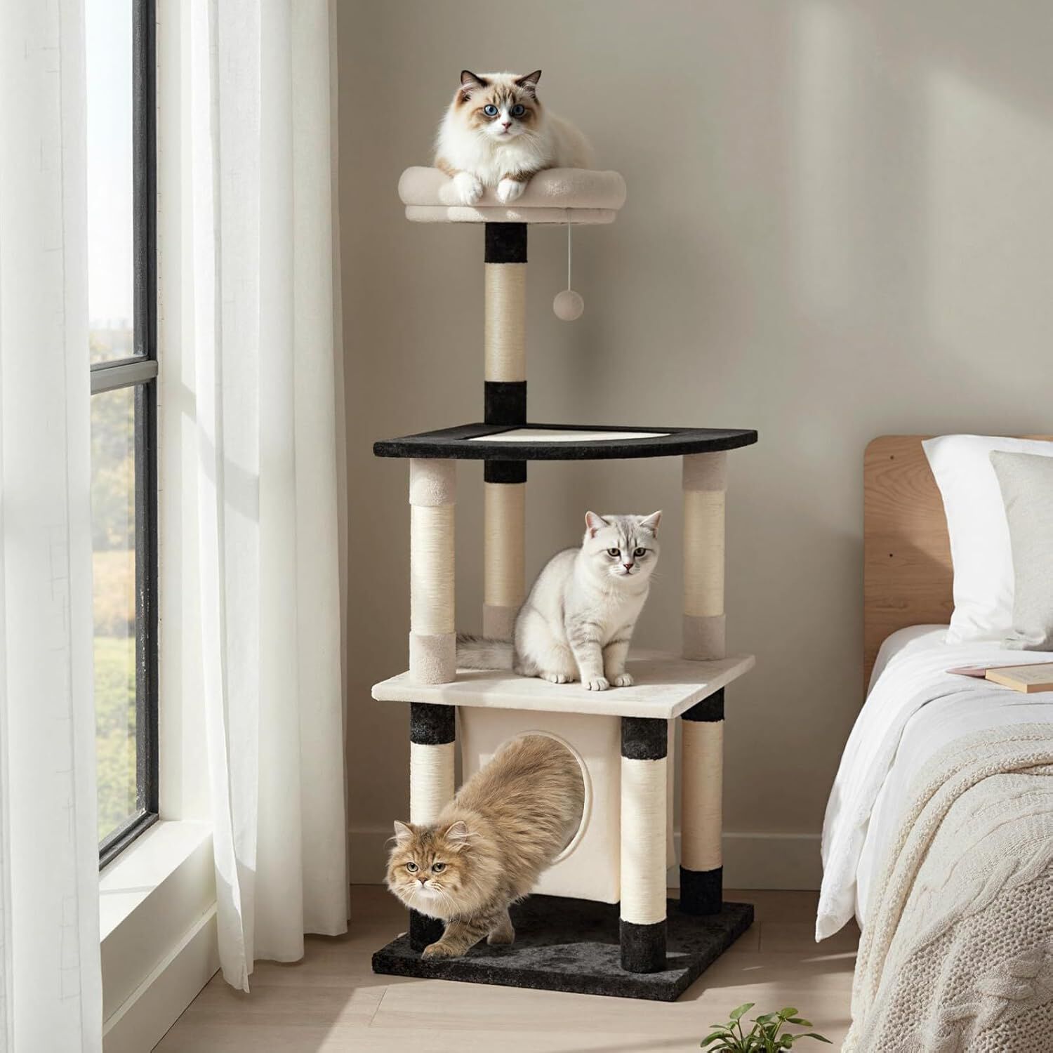 COSTWAY &Aacute;rbol Rascador para Gatos Grande, 122,5 cm Torre Rascador para Gatos con Postes de Rascado de Sisal y Tablero, Plataforma Arqueada, Percha Superior Acolchada, Castillo para Gato, Negro y Beige, , large Imagen numero 2