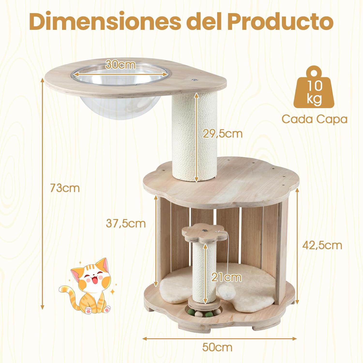 COSTWAY &Aacute;rbol Rascador Mediano para Gatos de Madera, Torre para Gatitos de 3 Niveles con C&aacute;psula Espacial Transparente, Condominio, Postes Rascadores y Alfombra Lavable, Cama para Gatos, 50x50x73cm, , large Imagen numero 5