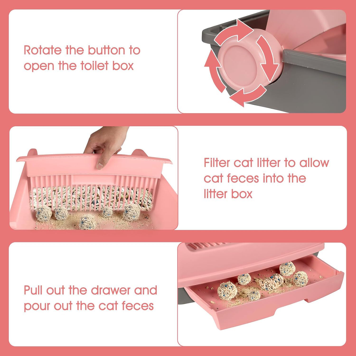 COSTWAY Arenero para Gatos con Bordes Altos, 60x46x24 cm, Caja de Arena para Gatos Semi-Autom&aacute;tica a Prueba de Salpicaduras con Bandeja Tipo Caj&oacute;n, Pala Deslizante y Pedal Filtrante de Arena (Rosa), , large Imagen numero 3