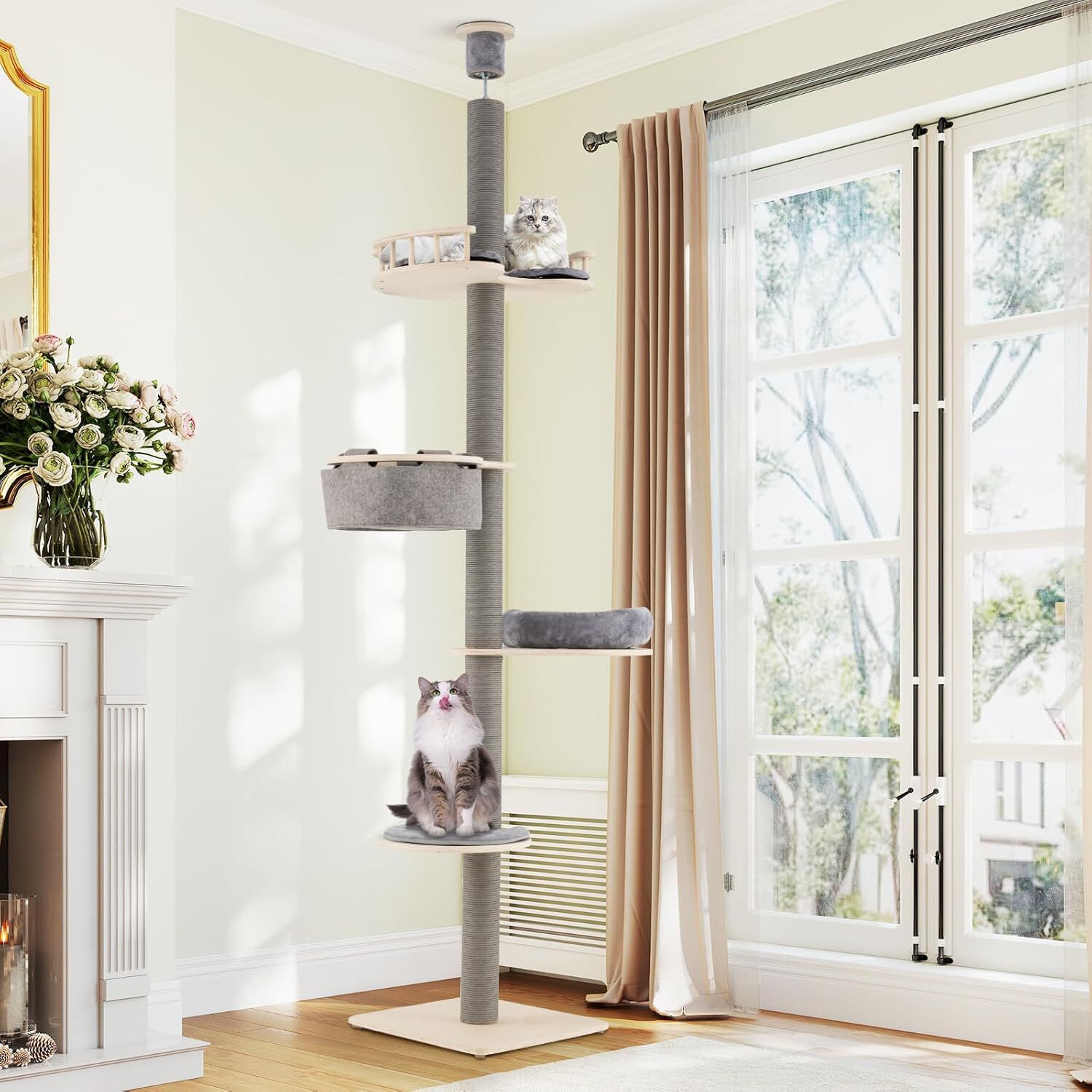COSTWAY Árbol para Gatos del Suelo al Techo, Torre de Gatos de 5 Niveles Ajustable de 236-271 cm con 3 Plataformas y Hamaca, Base 48x48 cm, Postes Rascadores, Ideal para Gatitos, Gris thumbnail