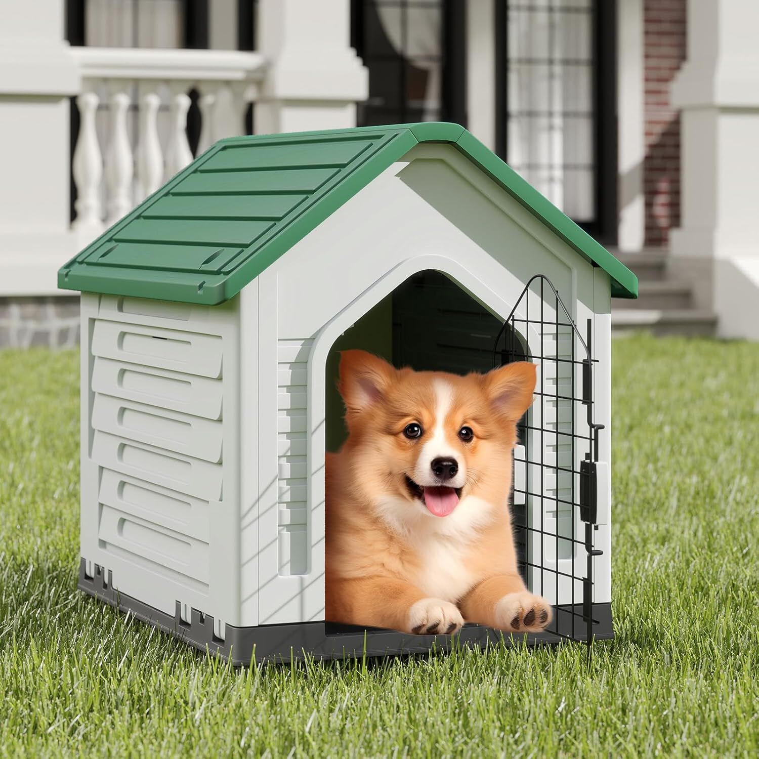 COSTWAY Caseta de Pl&aacute;stico para Perros, Refugio para Mascotas Impermeable con Puerta Met&aacute;lica con Cerradura, Techo Inclinado y Rejillas de Ventilaci&oacute;n, Caseta Perro para Interior y Exterior (Verde), , large Imagen numero 2