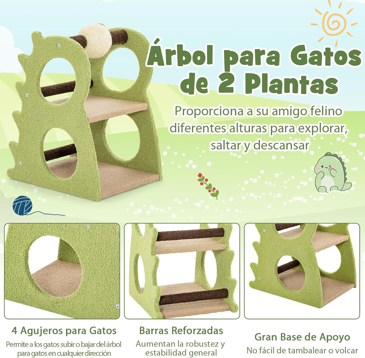 COSTWAY Árbol para Gatos de 2 Niveles, Torre para Gatos en Forma de Dinosaurio, con Bola Rascadora de Sisal y Felpa de Peluche, 4 Agujeros para Explorar, Centro de Actividades para Gatitos thumbnail