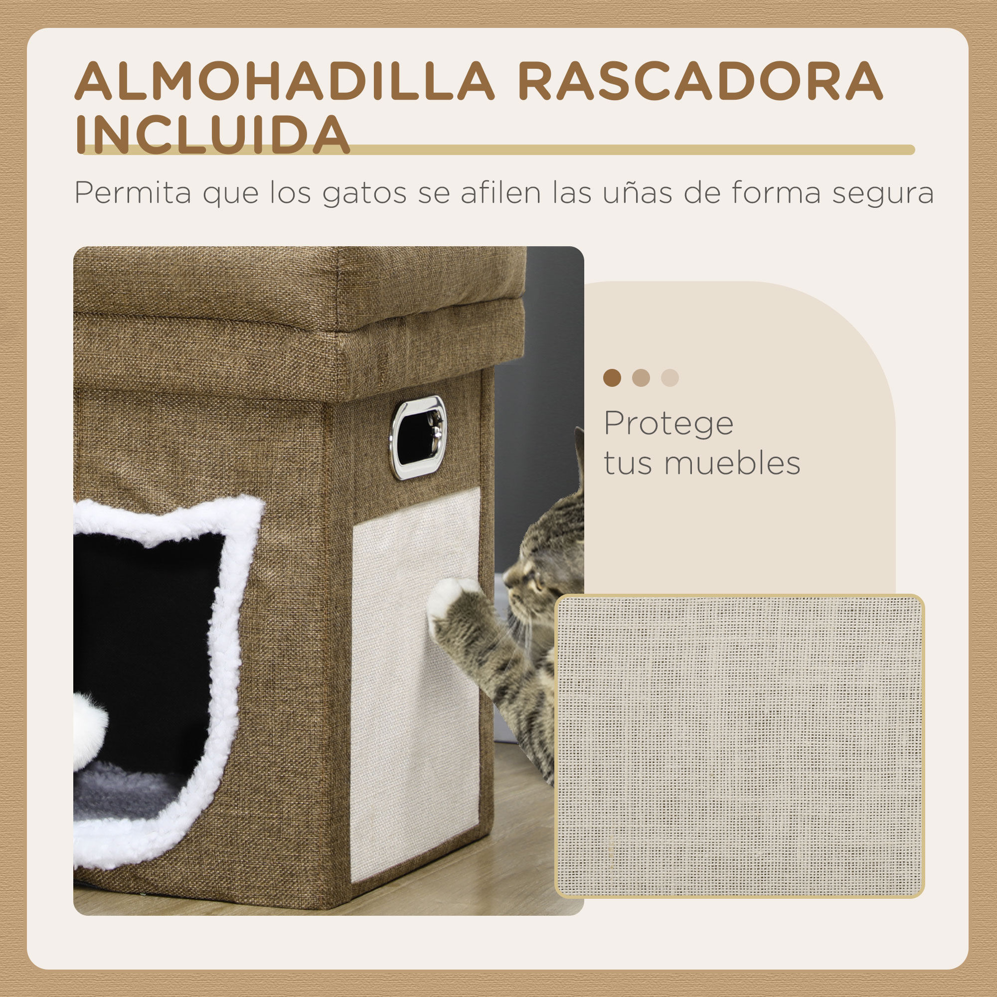 Pawhut Cama Cueva para Gatos Caseta para Gatos con Cama Superior Tablero de Rascador Coj&iacute;n Suave Bola Colgante y Marco de Madera 39x39x42 cm Marr&oacute;n., , large Imagen numero 4